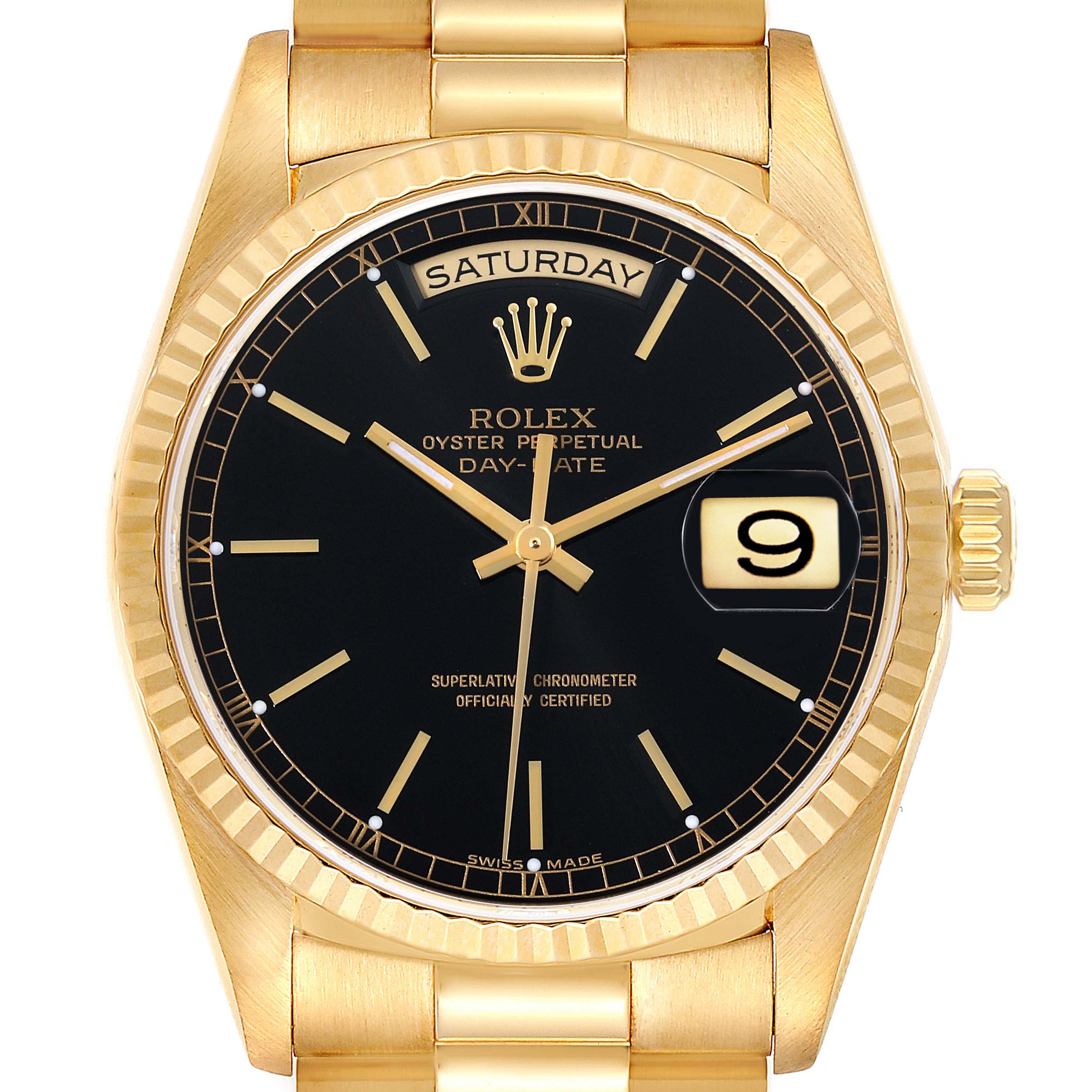 This is a front view of a Rolex President 18238 Men's Yellow Gold Black Dial 18238 Men's Yellow Gold Black Dial model watch, showing the dial, hands, crown, and part of the bracelet.