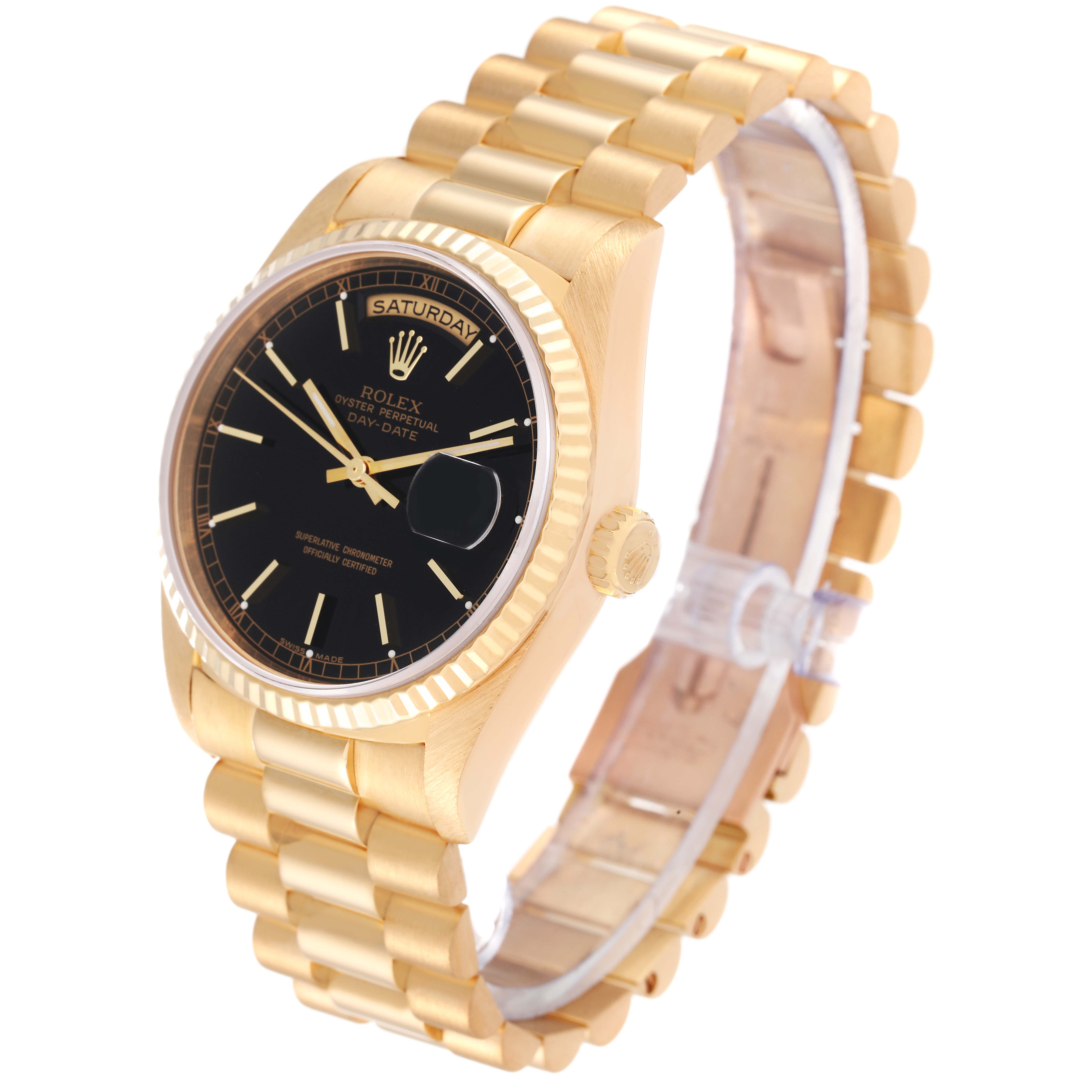 The image shows a Rolex President 18238 Men's Yellow Gold Black Dial 18238 Men's Yellow Gold Black Dial model watch at a slight angle, highlighting its gold band, black dial, and fluted bezel.