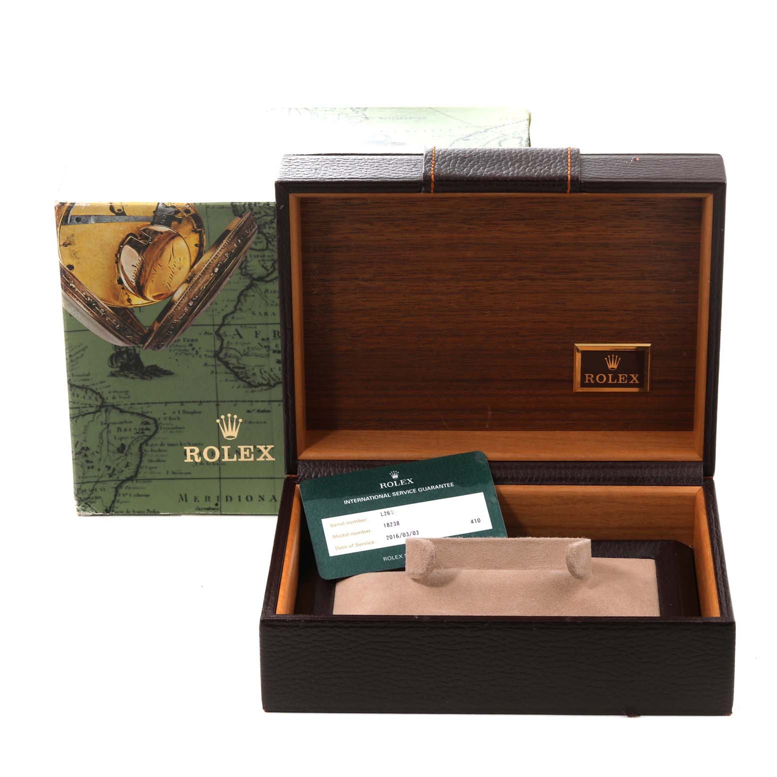 The image shows the open box and accessories of a Rolex President 18238 Men's Yellow Gold Black Dial 18238 Men's Yellow Gold Black Dial model, including its certificate, packaging, and cushion.