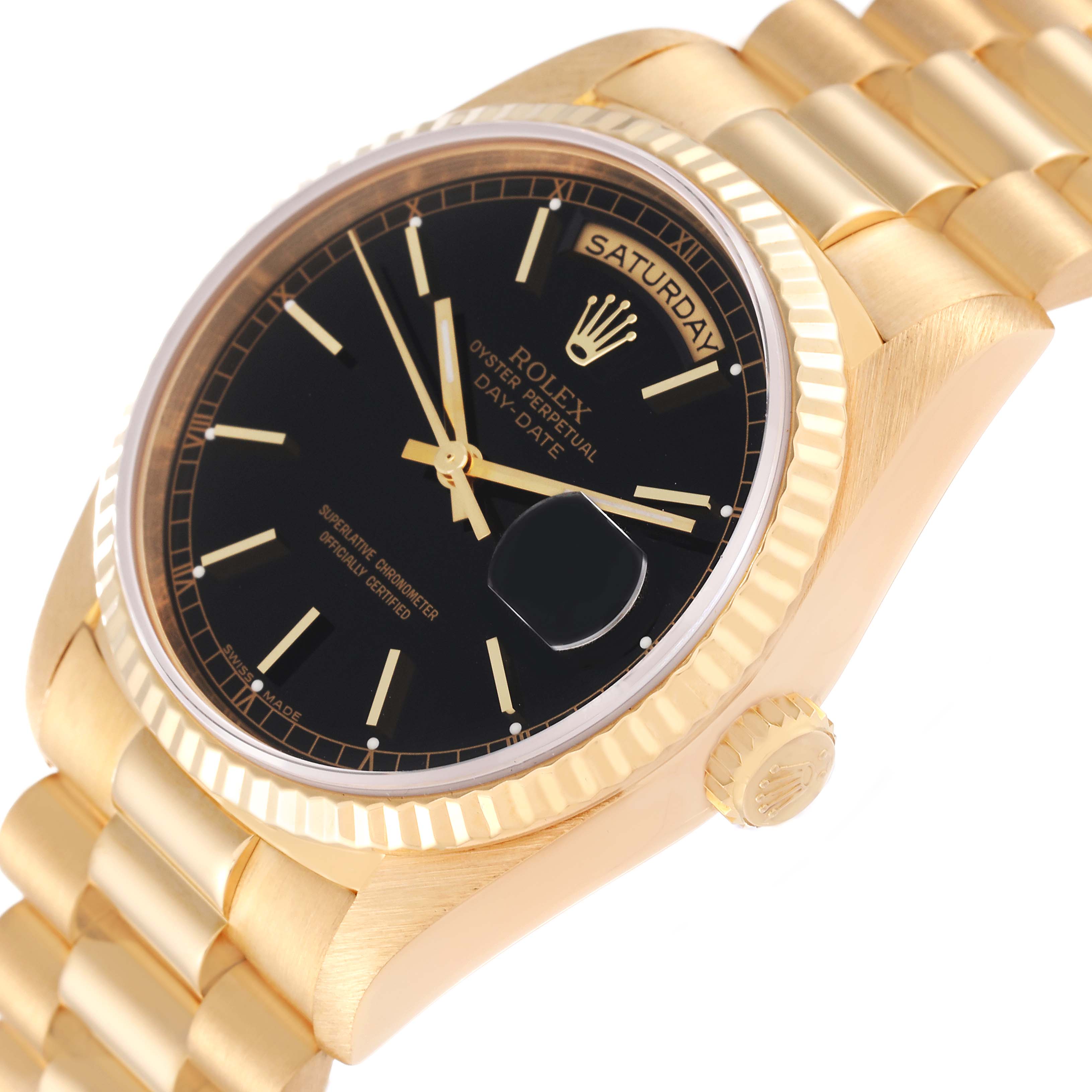 The image shows a Rolex President 18238 Men's Yellow Gold Black Dial 18238 Men's Yellow Gold Black Dial model watch at an angled side view, highlighting its black dial, fluted bezel, crown, and gold bracelet.