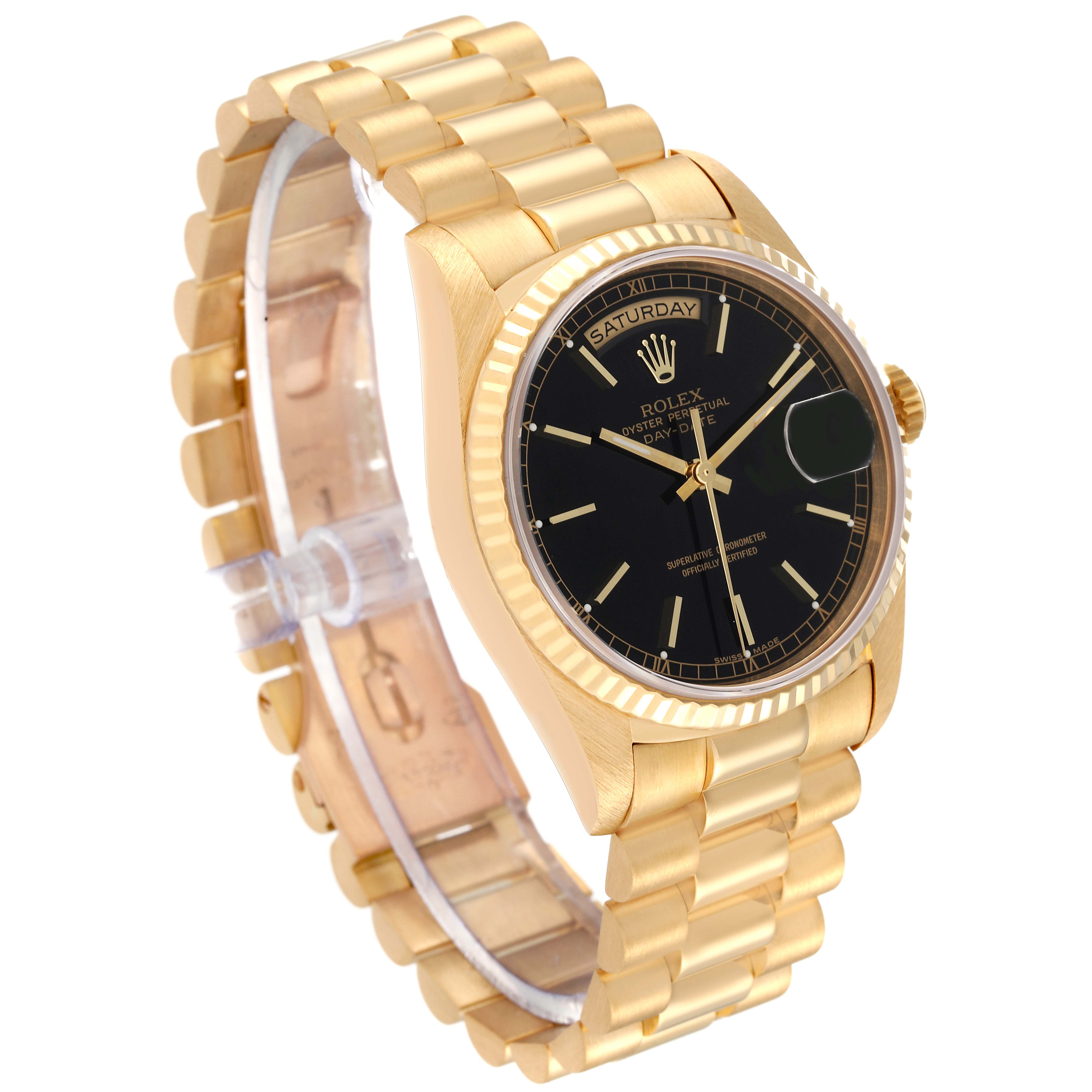 The Rolex President 18238 Men's Yellow Gold Black Dial 18238 Men's Yellow Gold Black Dial model watch is shown at a slight angle, highlighting its gold band, black dial, and fluted bezel.