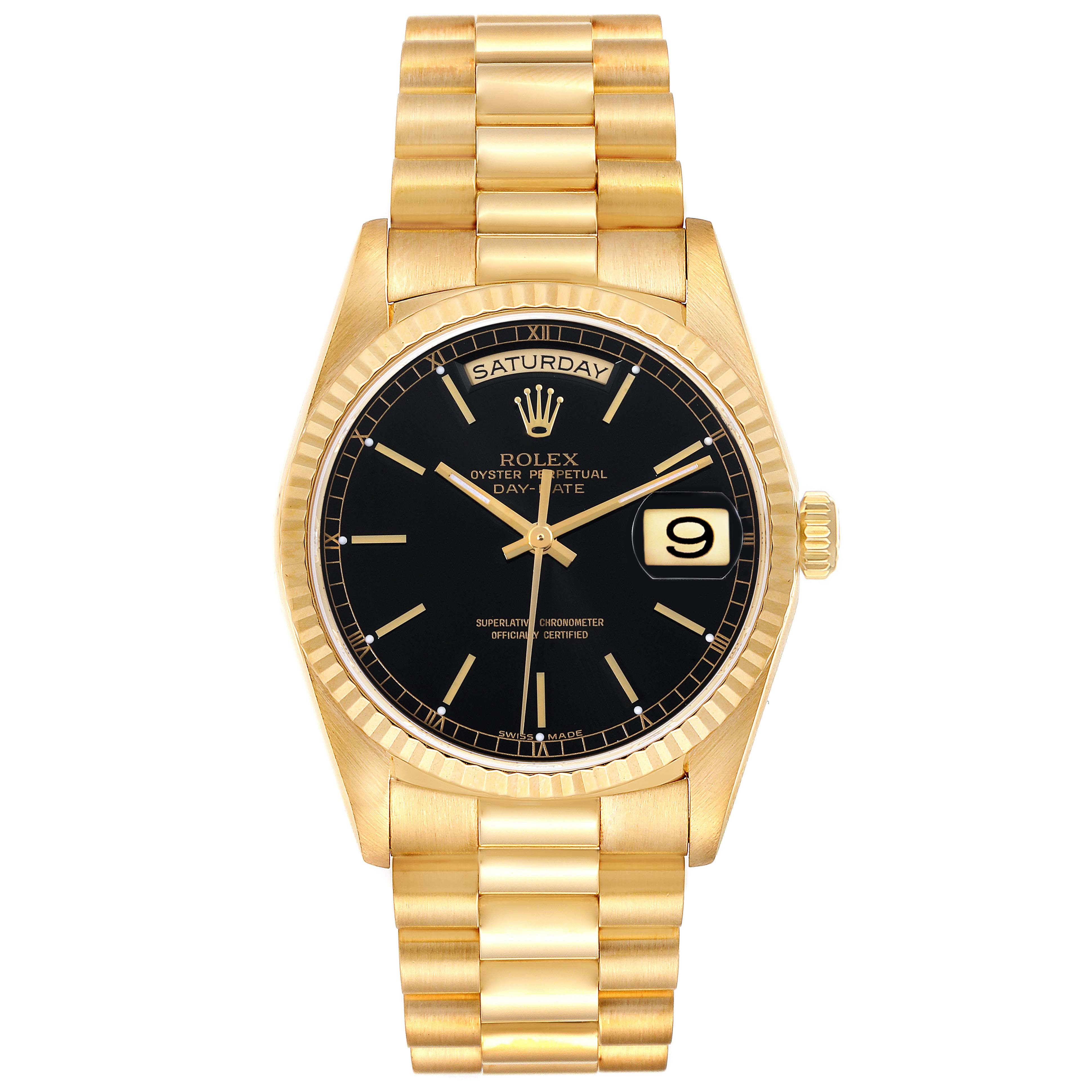 This image displays a front view of a Rolex President 18238 Men's Yellow Gold Black Dial 18238 Men's Yellow Gold Black Dial model watch, showcasing its gold bracelet, black dial, and day-date feature.