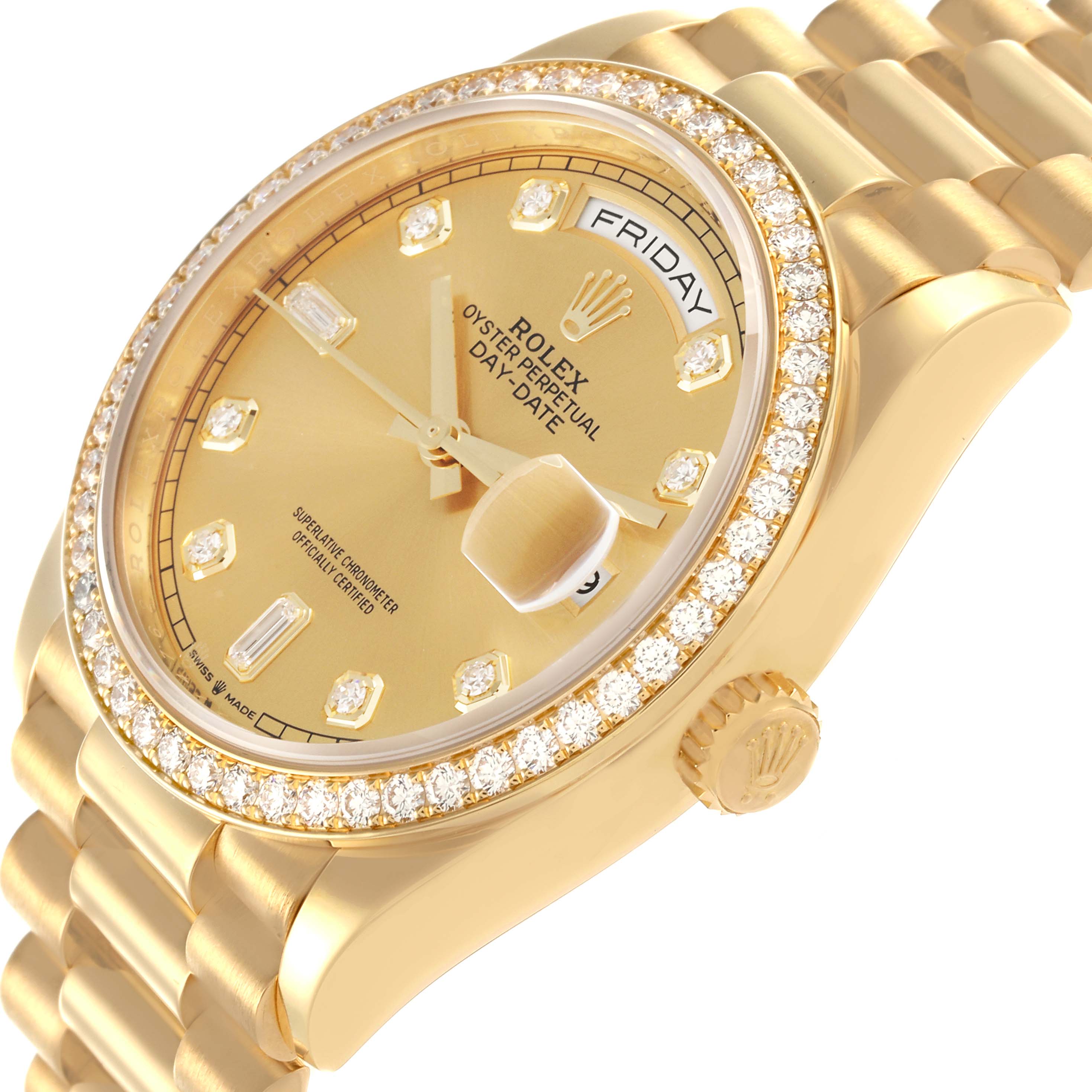 The Rolex President 128348 Men's Yellow Gold Champagne Dial 128348 Men's Yellow Gold Champagne Dial watch is shown from a side angle, revealing the face, diamond bezel, and part of the bracelet.