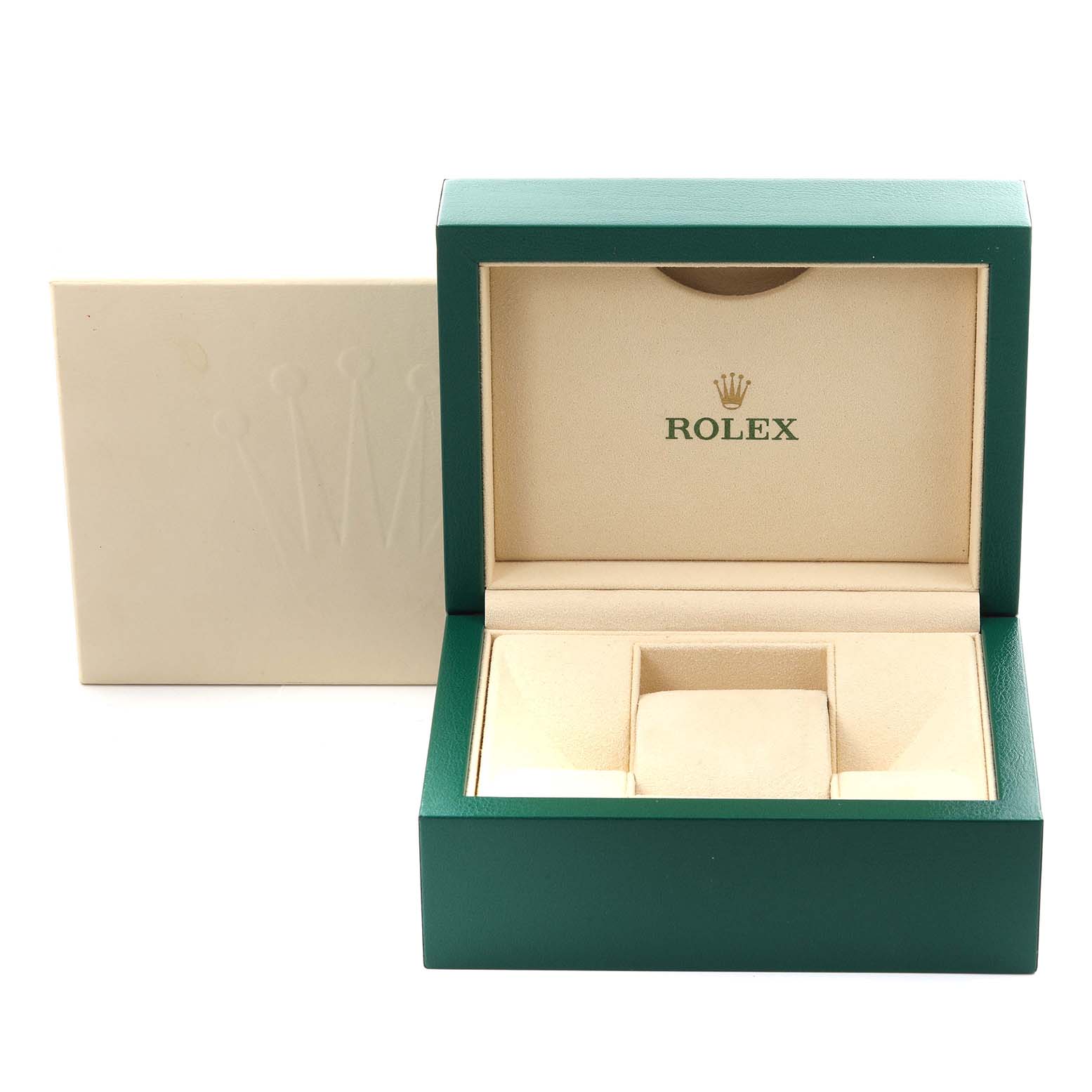 The image shows an open Rolex President 128348 Men's Yellow Gold Champagne Dial 128348 Men's Yellow Gold Champagne Dial model watch box, highlighting the interior cushion and branding.