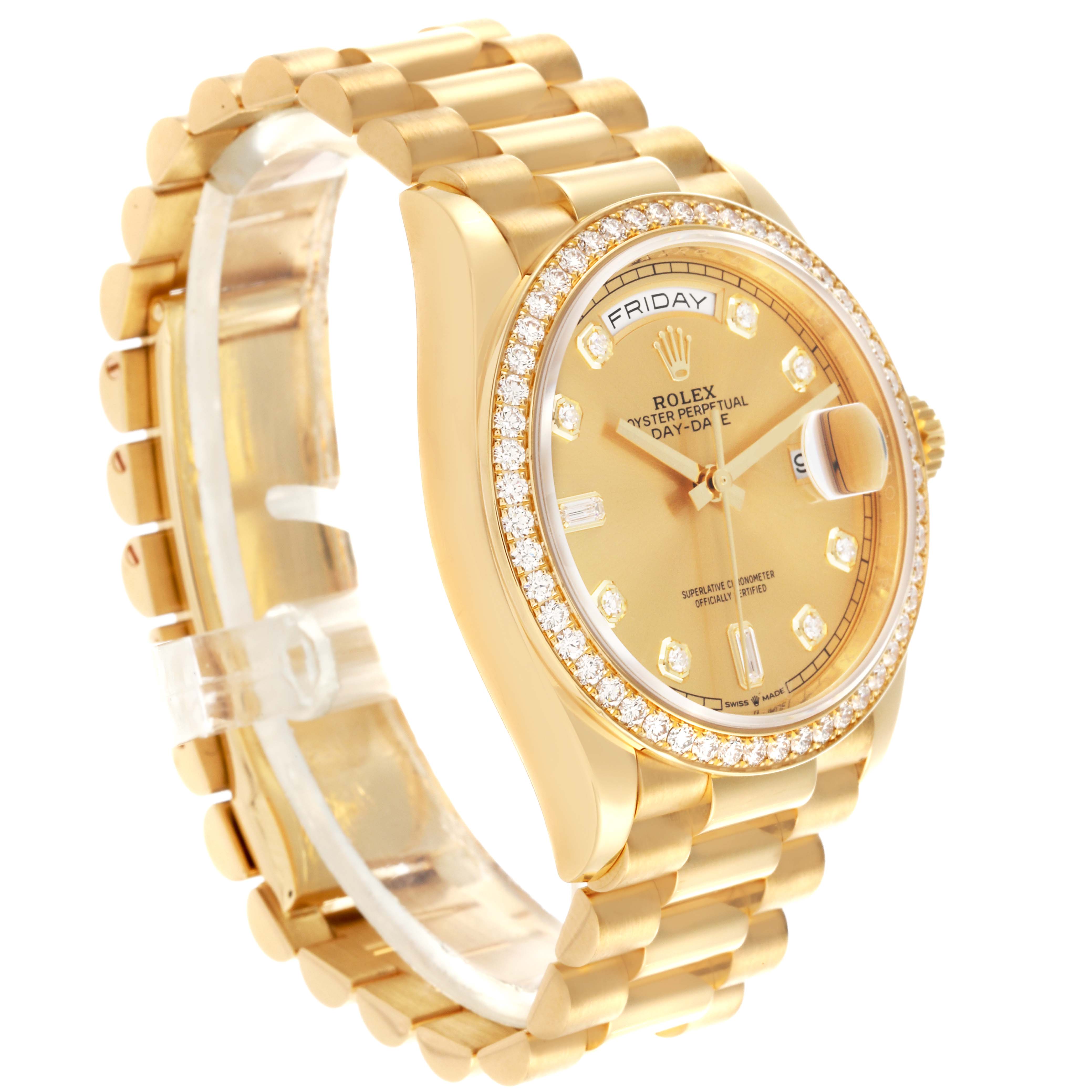 The Rolex President 128348 Men's Yellow Gold Champagne Dial 128348 Men's Yellow Gold Champagne Dial model is shown at a slight angle, highlighting the face, bezel, and bracelet.