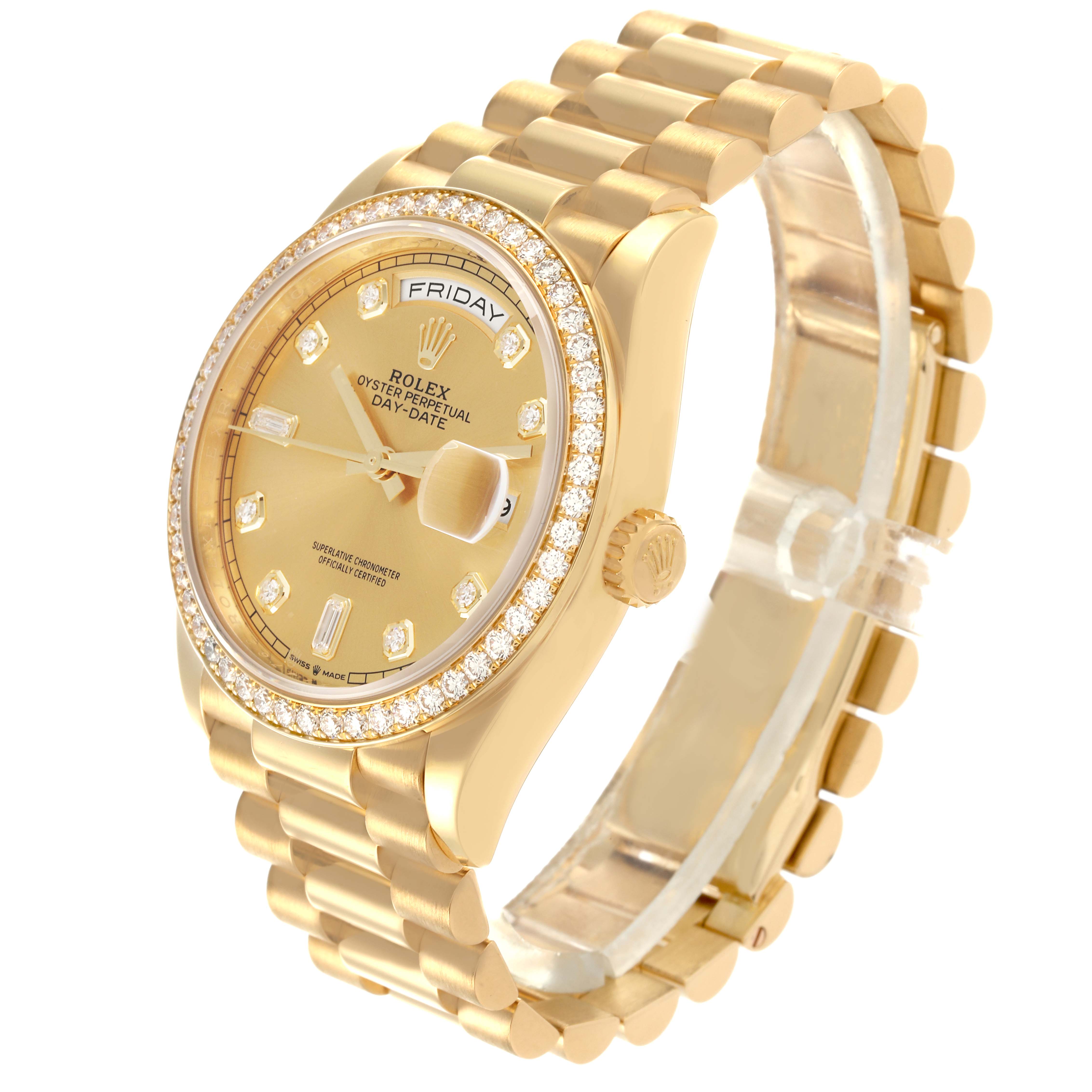 The Rolex President 128348 Men's Yellow Gold Champagne Dial 128348 Men's Yellow Gold Champagne Dial model is shown at an angled view, highlighting the diamond bezel, dial, and President bracelet.