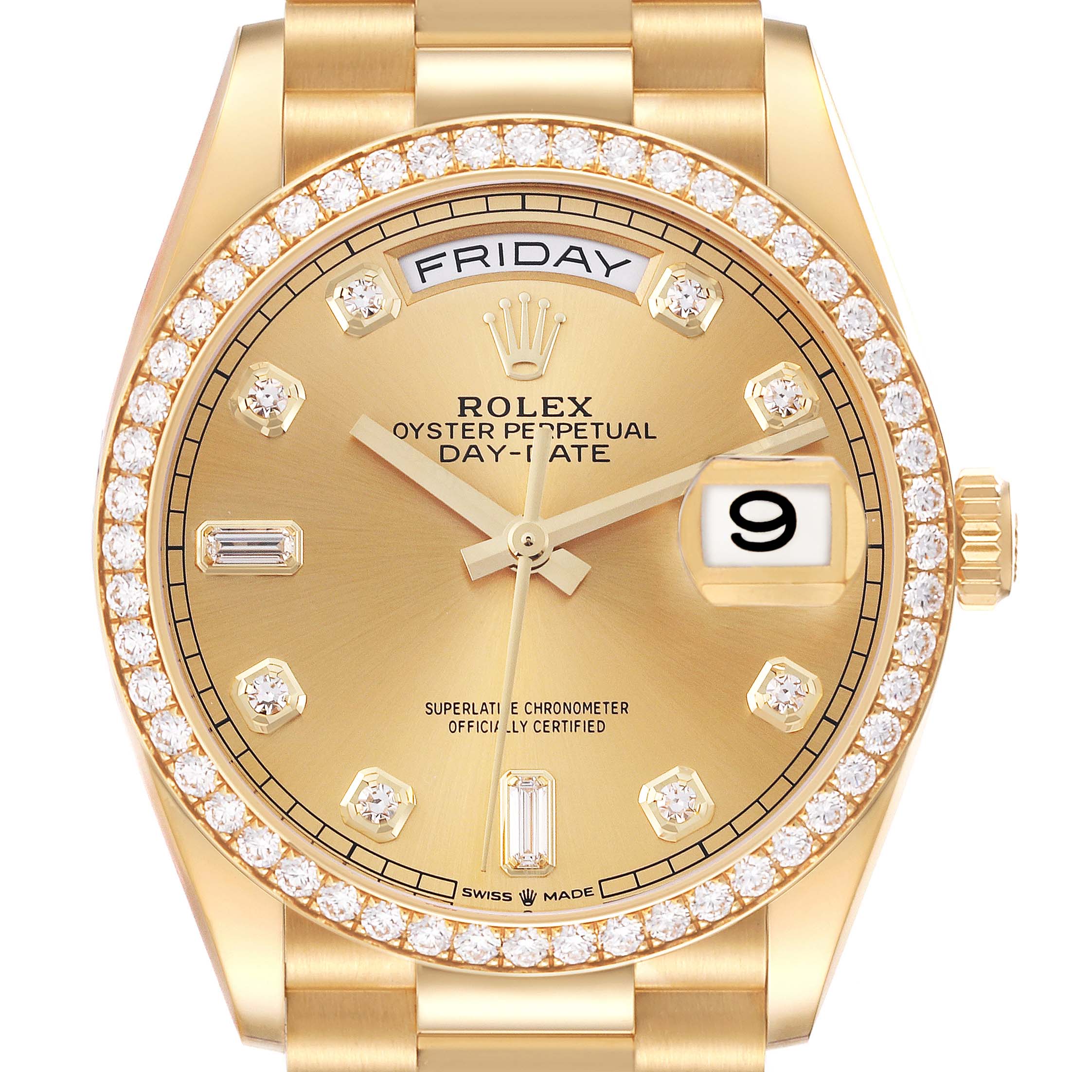 This image shows a front view of a Rolex President 128348 Men's Yellow Gold Champagne Dial 128348 Men's Yellow Gold Champagne Dial model watch, highlighting the dial, bezel, and bracelet.