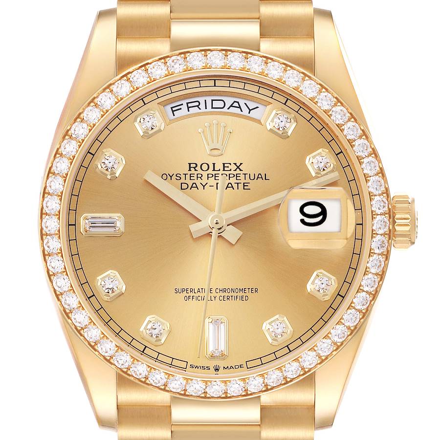 This image shows a front view of a Rolex President model watch, highlighting the dial, bezel, and bracelet.