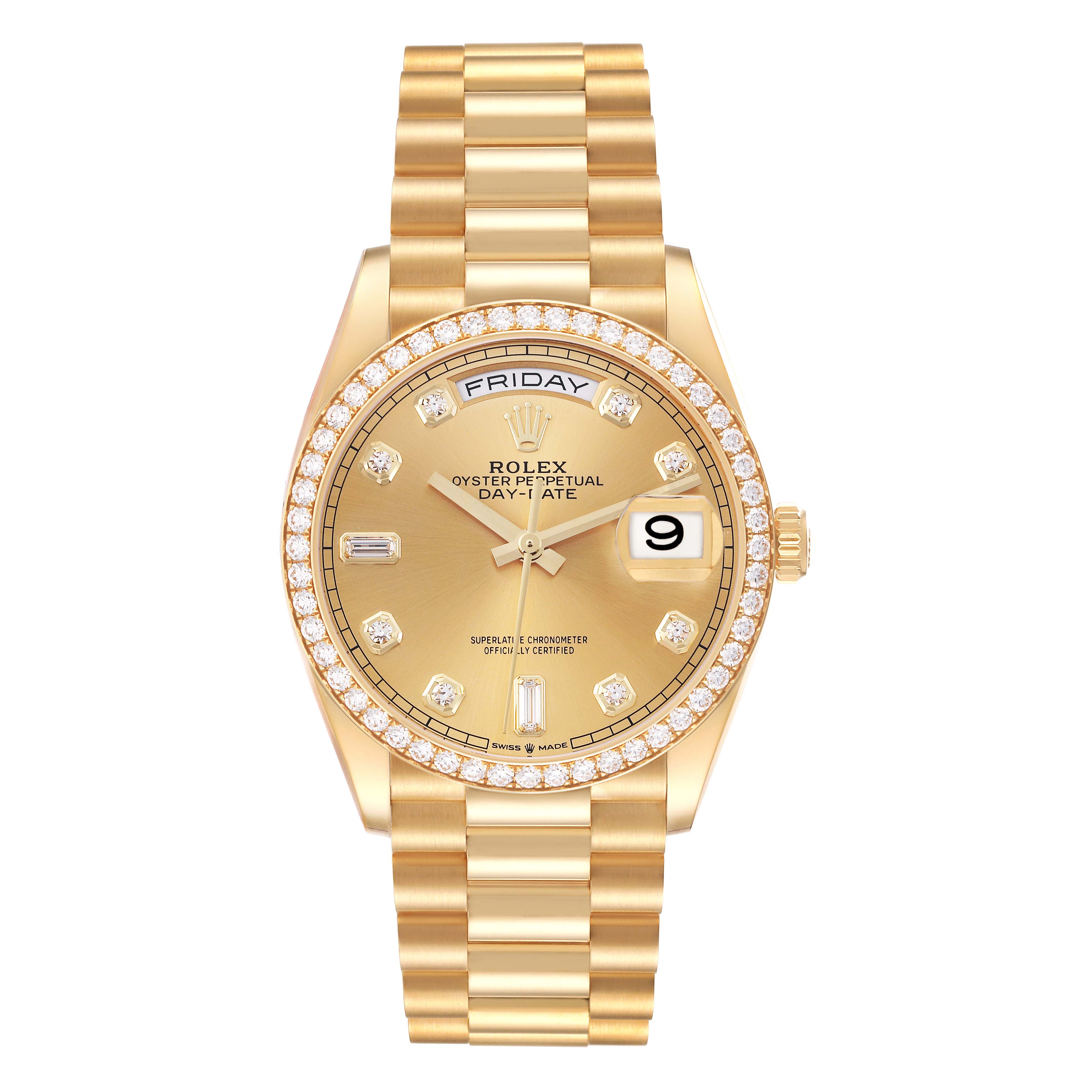 The Rolex President 128348 Men's Yellow Gold Champagne Dial 128348 Men's Yellow Gold Champagne Dial model is shown from a front angle, displaying the full dial, bracelet, and diamond bezel.