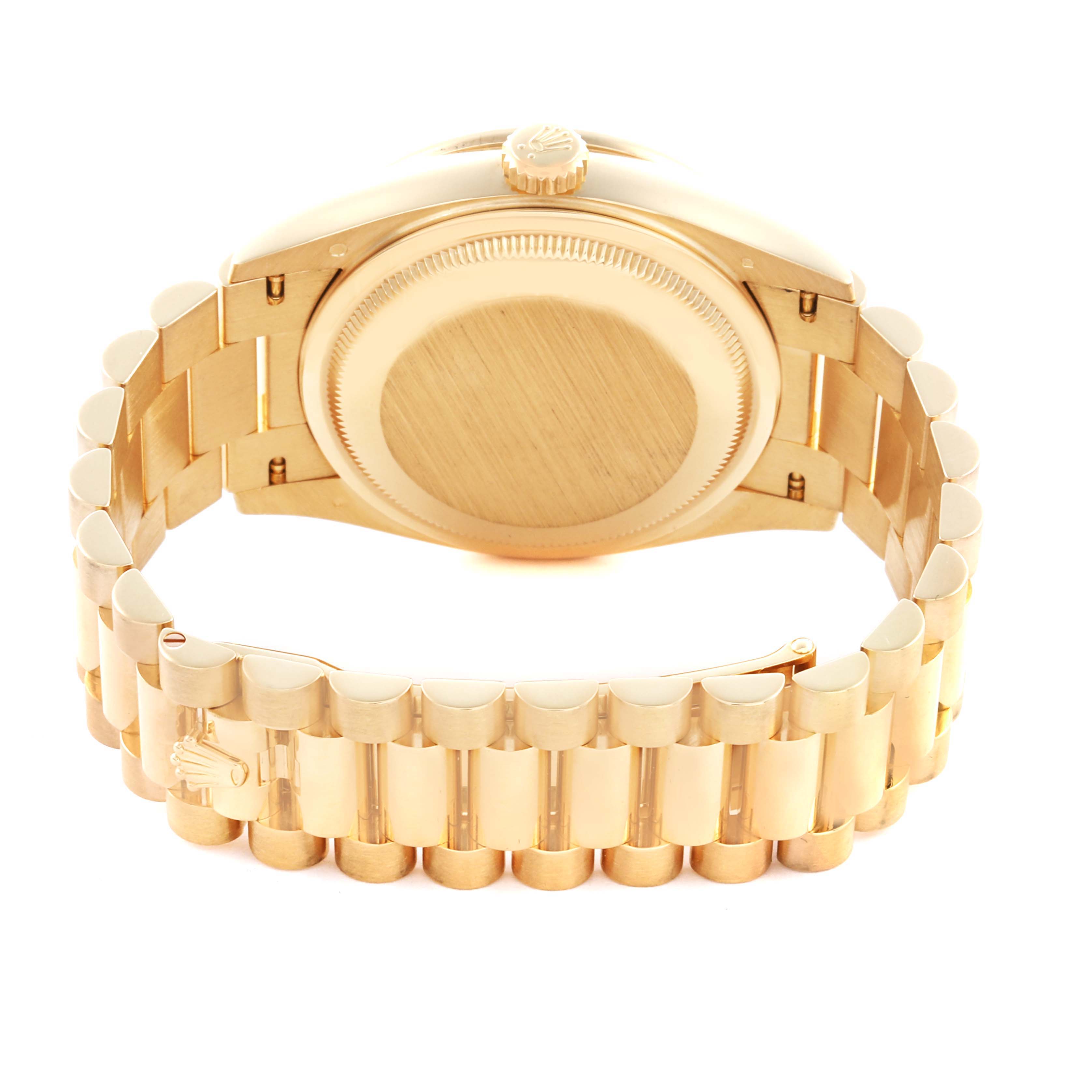 The image shows the backside and bracelet of a Rolex President 128348 Men's Yellow Gold Champagne Dial 128348 Men's Yellow Gold Champagne Dial model, highlighting the case back and clasp.