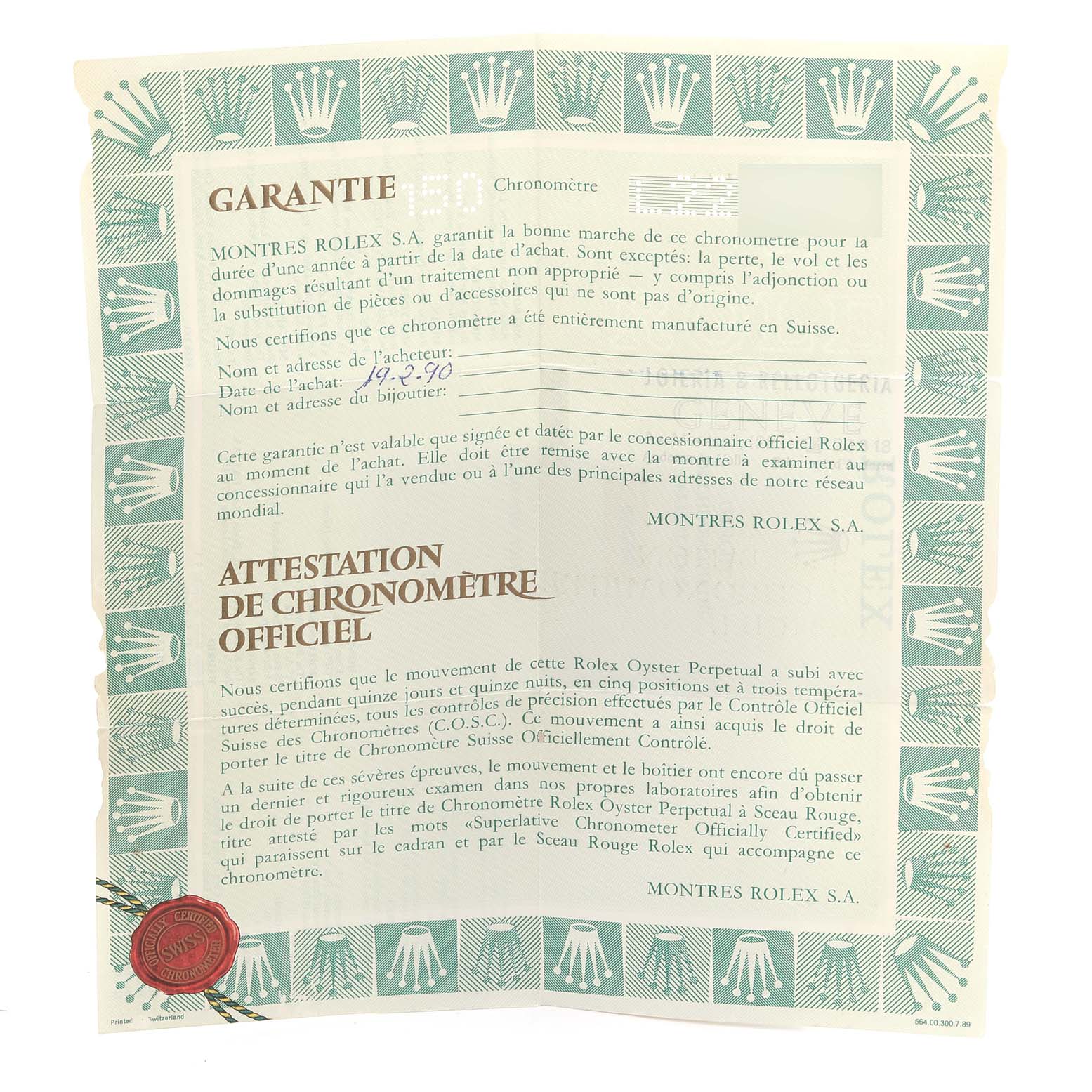 This image shows the warranty card and official chronometer certificate for a Rolex President 69288 Women's Yellow Gold Green Dial 69288 Women's Yellow Gold Green Dial model watch.