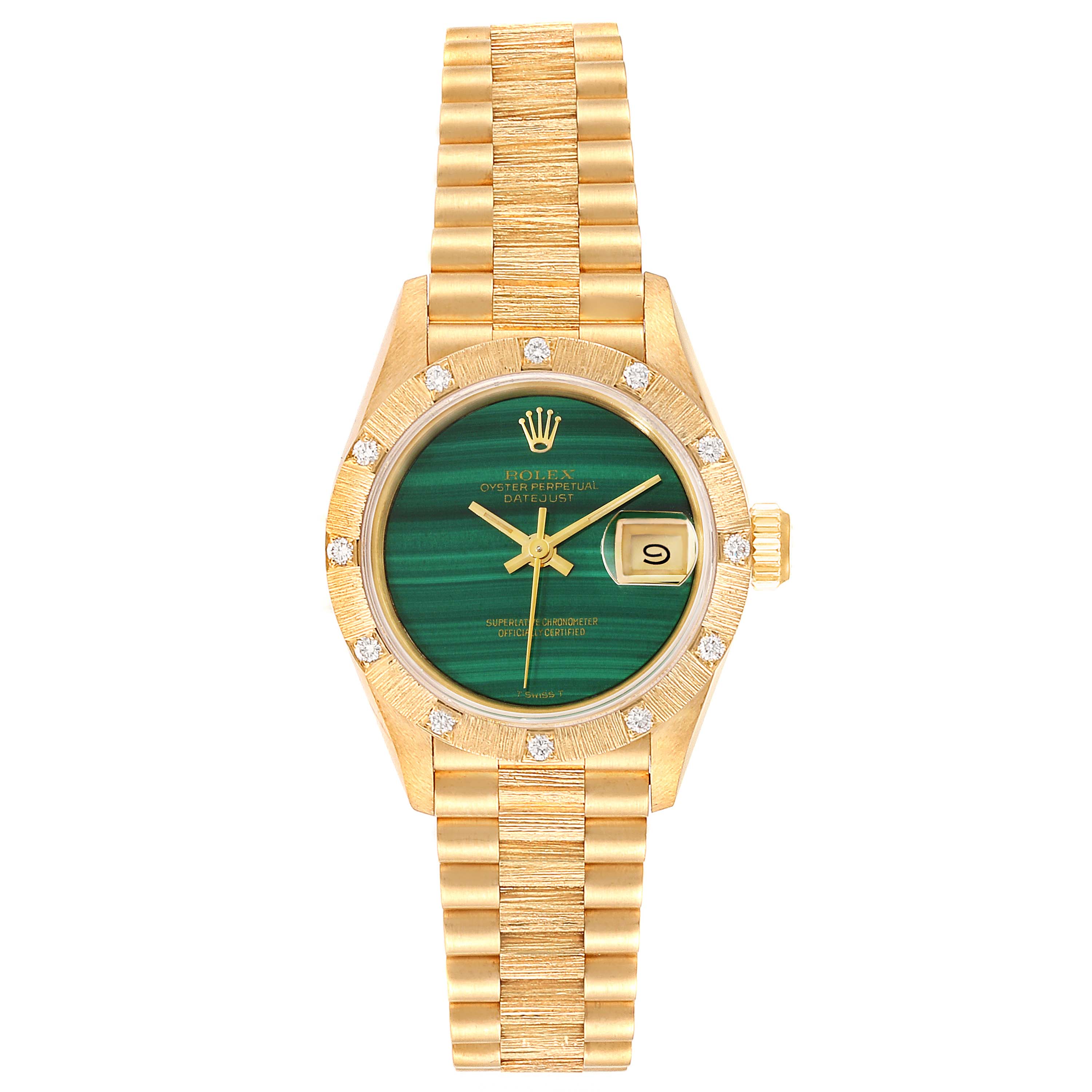 This image shows a Rolex President 69288 Women's Yellow Gold Green Dial 69288 Women's Yellow Gold Green Dial model watch from a top-down angle, displaying its bezel, dial, bracelet, and date feature.