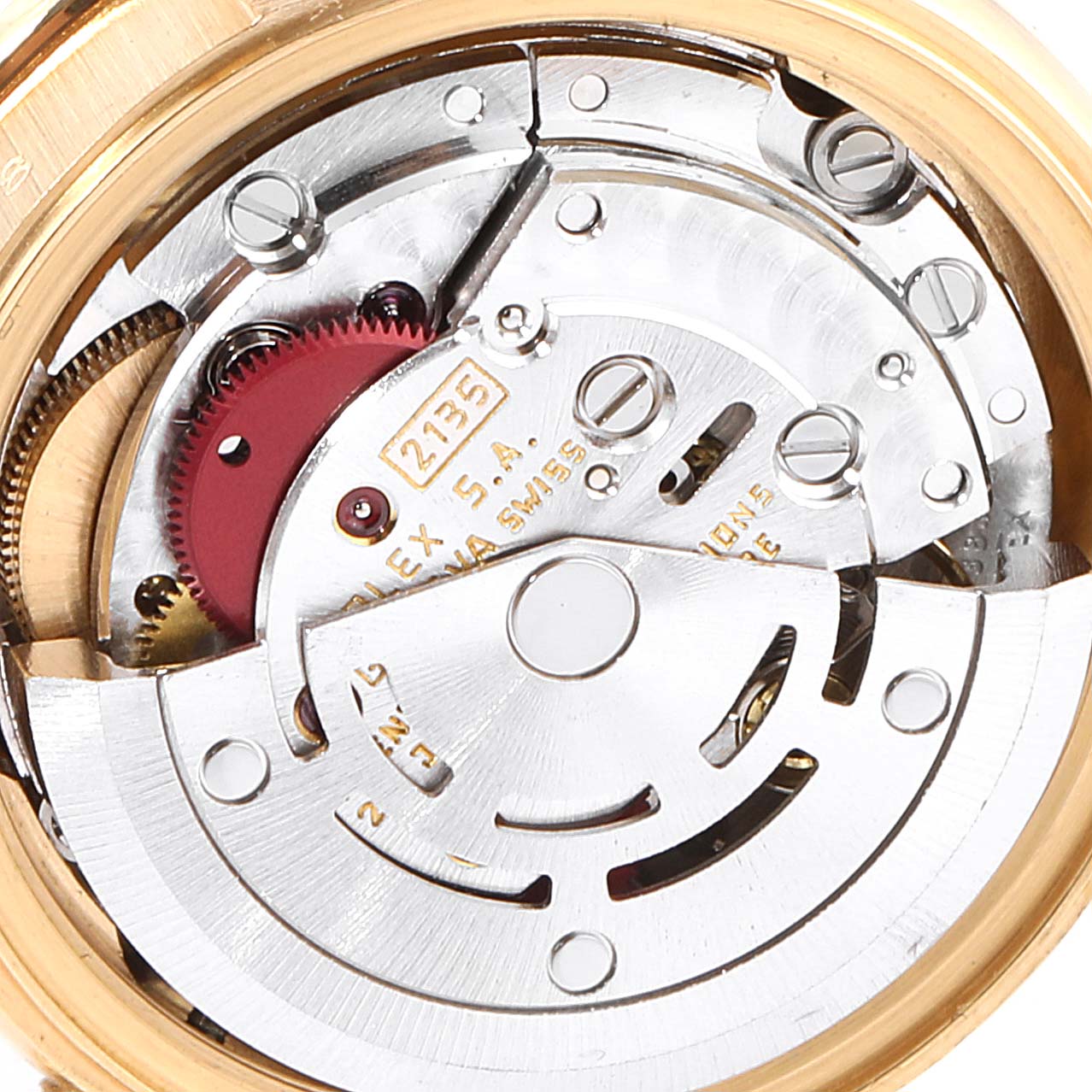 This image features a close-up view of the movement mechanism of a Rolex President 69288 Women's Yellow Gold Green Dial 69288 Women's Yellow Gold Green Dial model watch.