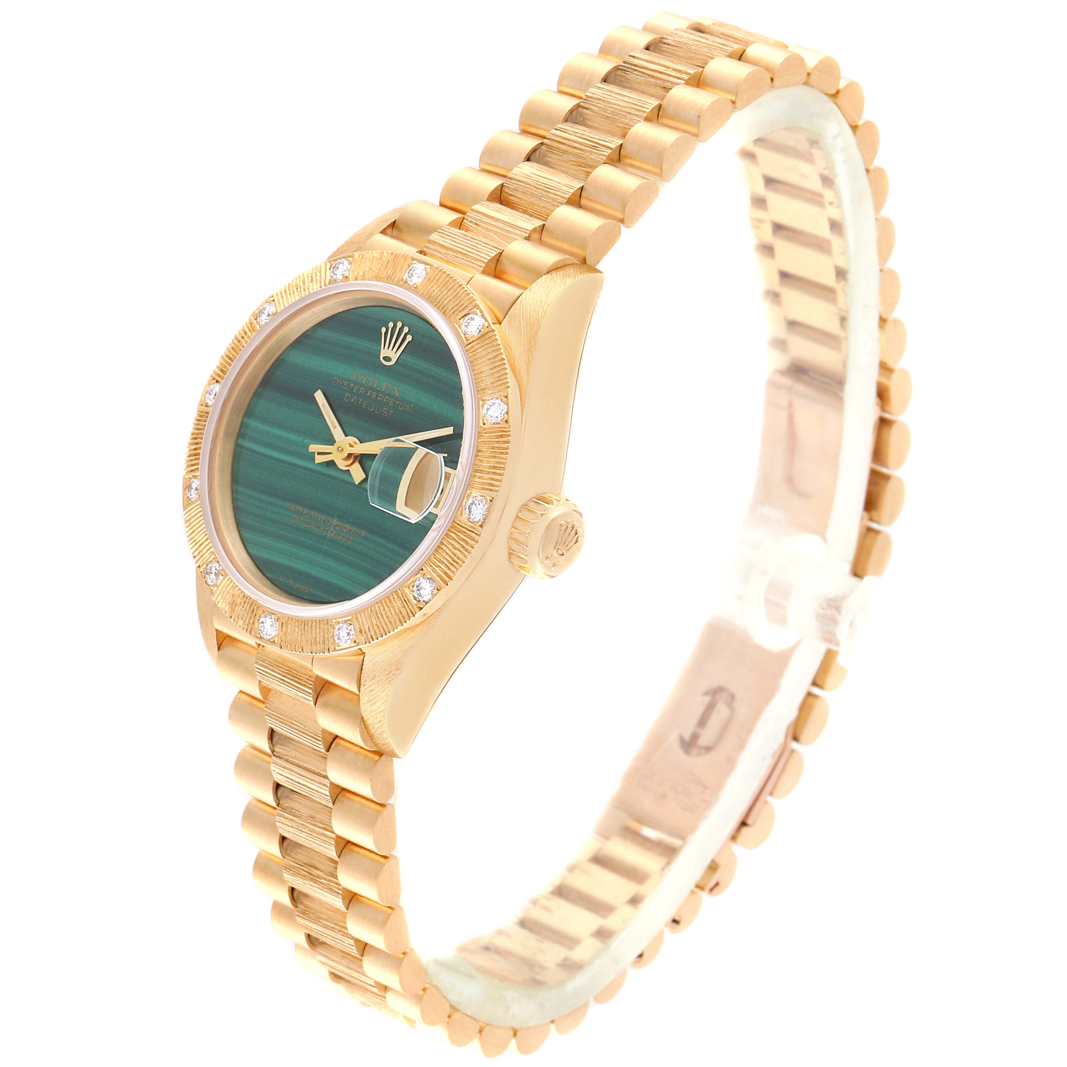 The image shows a side angle of a Rolex President 69288 Women's Yellow Gold Green Dial 69288 Women's Yellow Gold Green Dial watch featuring its green dial, gold bracelet, and diamond markers.
