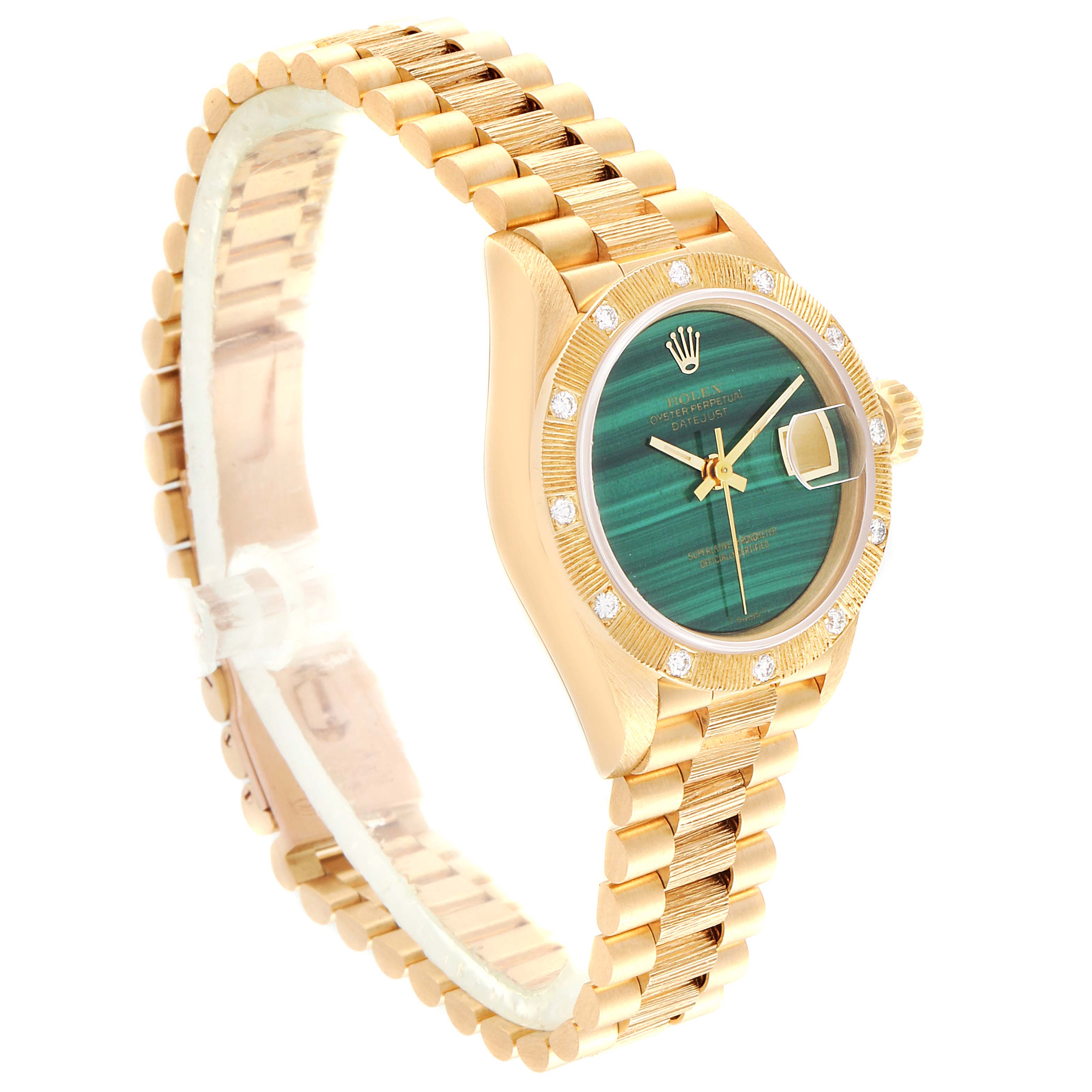 The image shows a Rolex President 69288 Women's Yellow Gold Green Dial 69288 Women's Yellow Gold Green Dial model watch at an angle, highlighting its green dial, gold case, and bracelet.