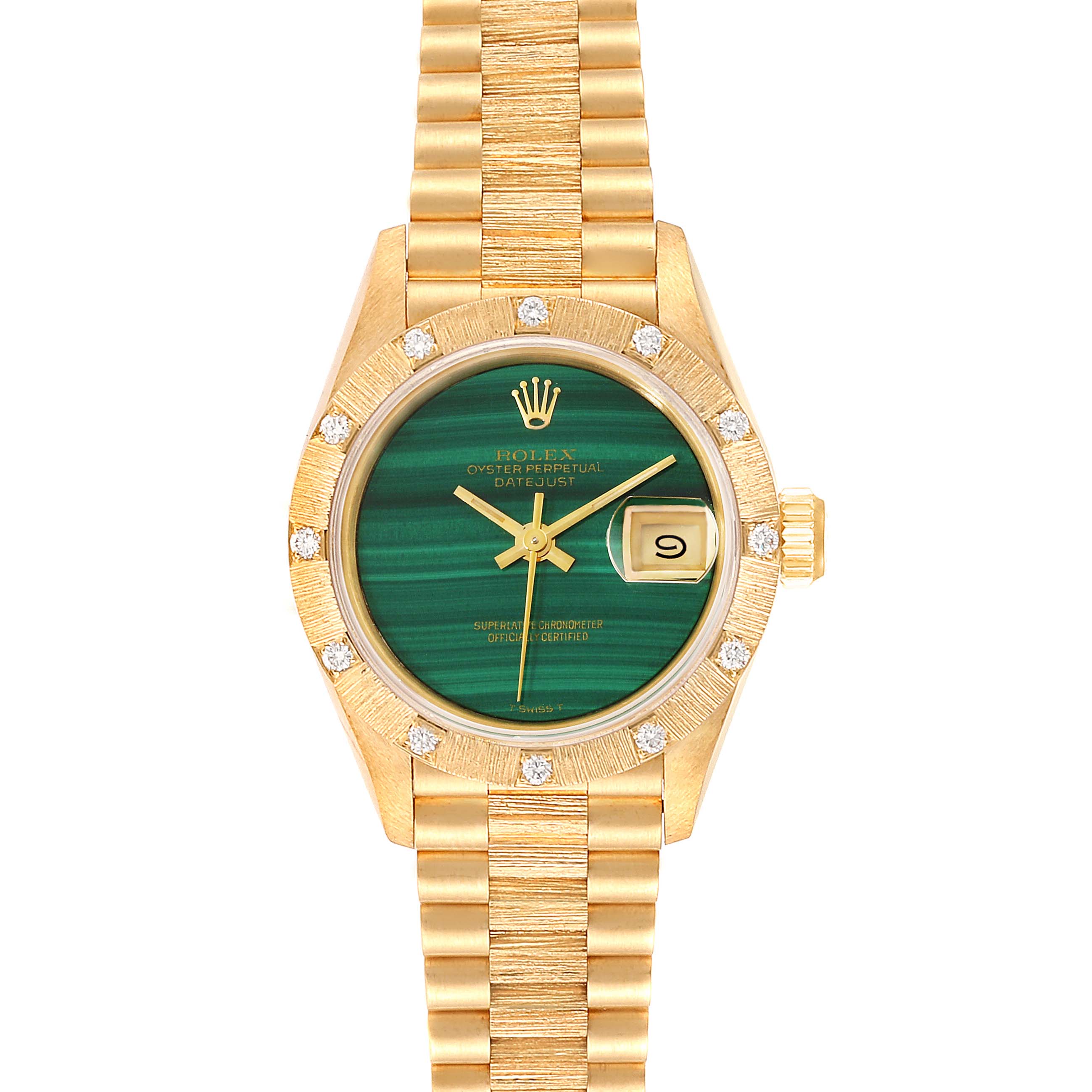 This image shows a Rolex President 69288 Women's Yellow Gold Green Dial 69288 Women's Yellow Gold Green Dial model watch, highlighting its green dial, diamond-set bezel, and gold bracelet from a top view.