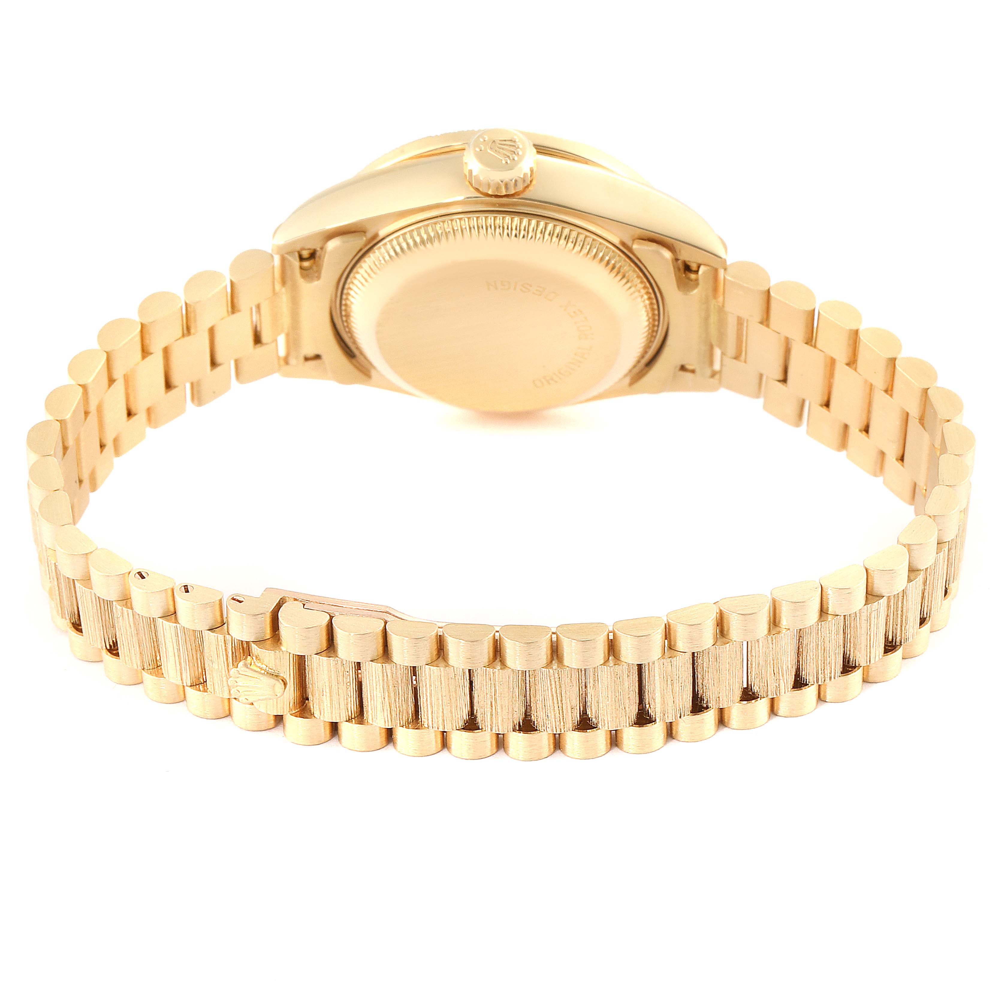 The image shows the back of the Rolex President 69288 Women's Yellow Gold Green Dial 69288 Women's Yellow Gold Green Dial model watch, including the case back and President bracelet.