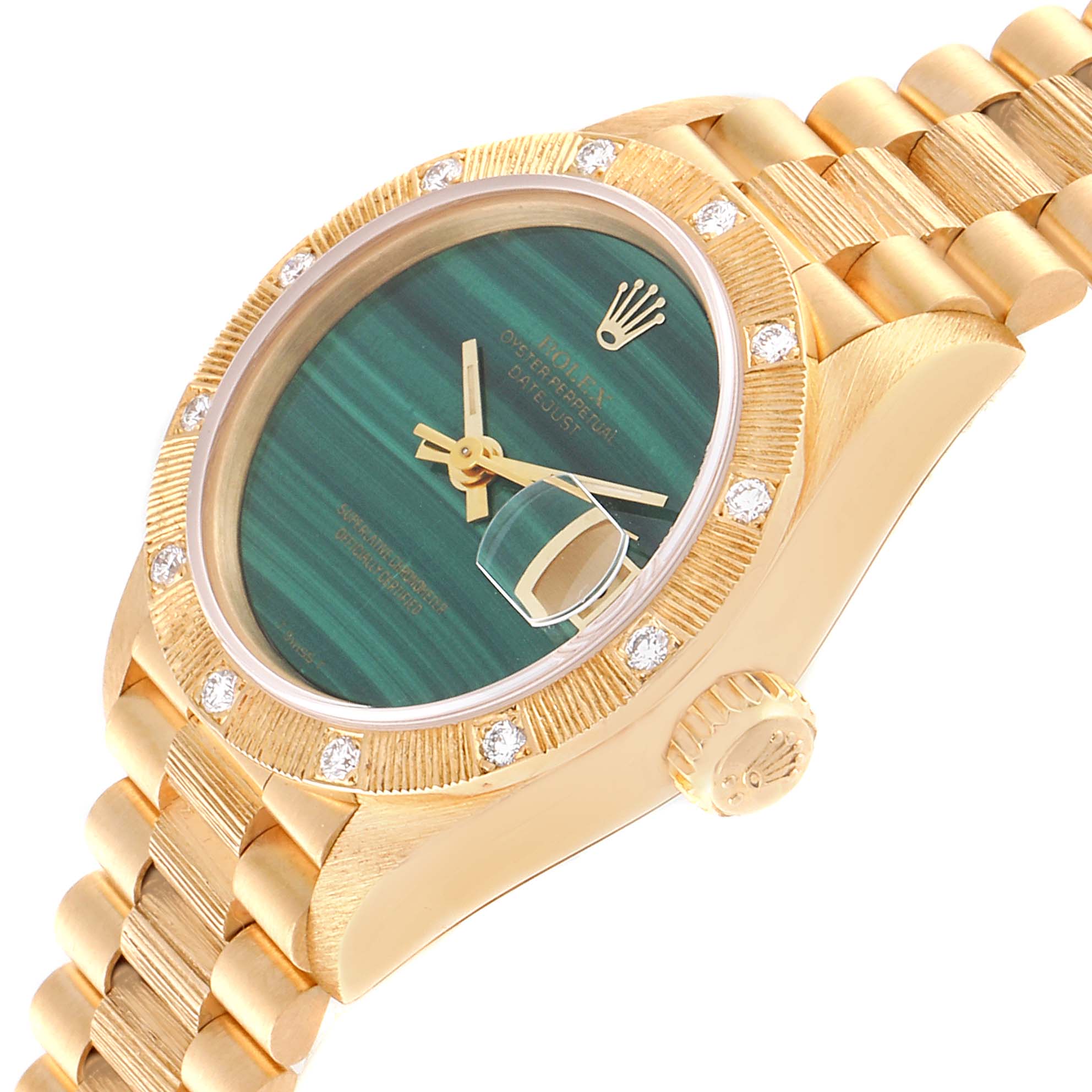 This image shows a close-up angled view of a Rolex President 69288 Women's Yellow Gold Green Dial 69288 Women's Yellow Gold Green Dial model watch, highlighting the dial, bezel, and bracelet.