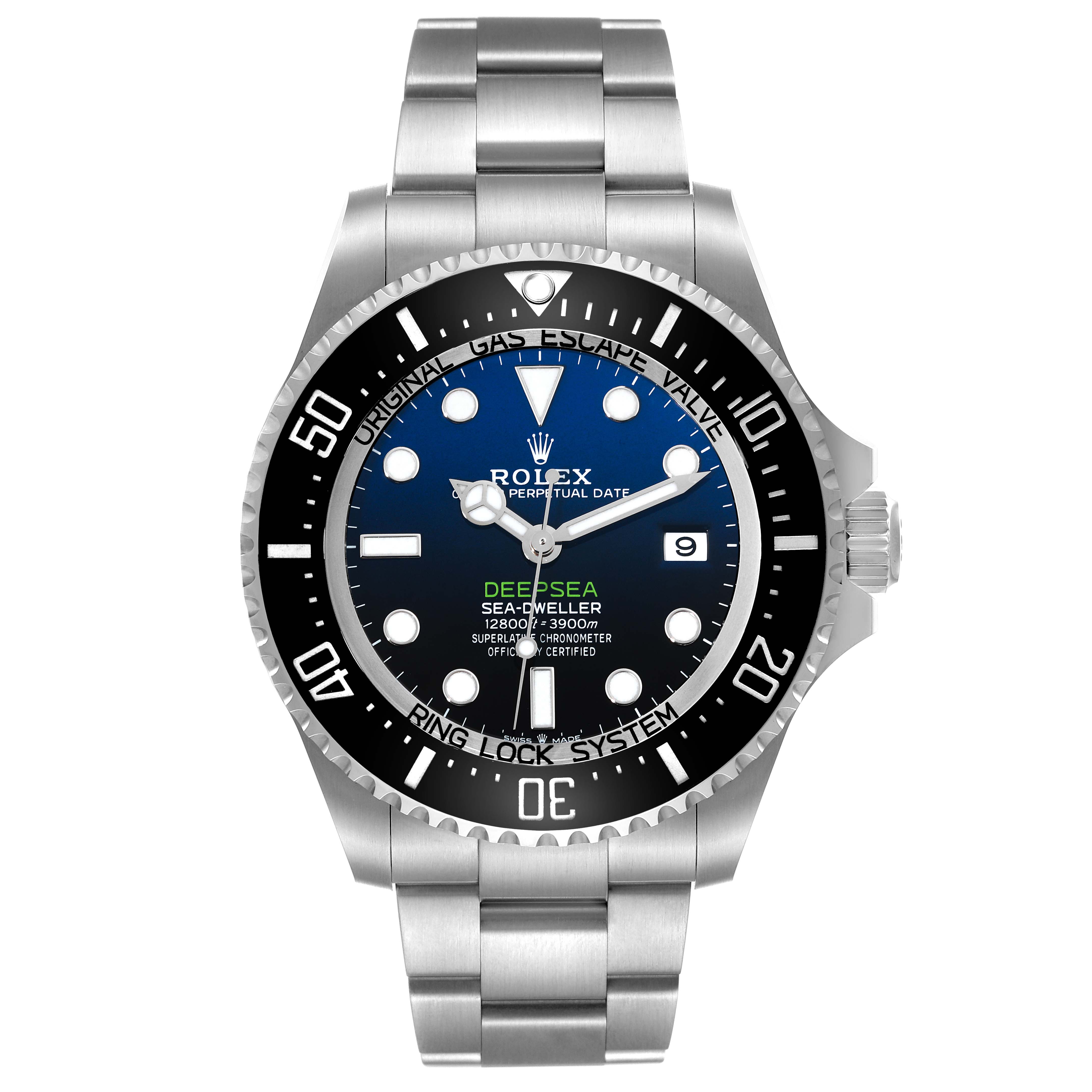 The image displays a front view of a Rolex Sea-Dweller 136660 Men's Stainless Steel Blue Dial 136660 Men's Stainless Steel Blue Dial watch, showcasing its face, bezel, and bracelet.