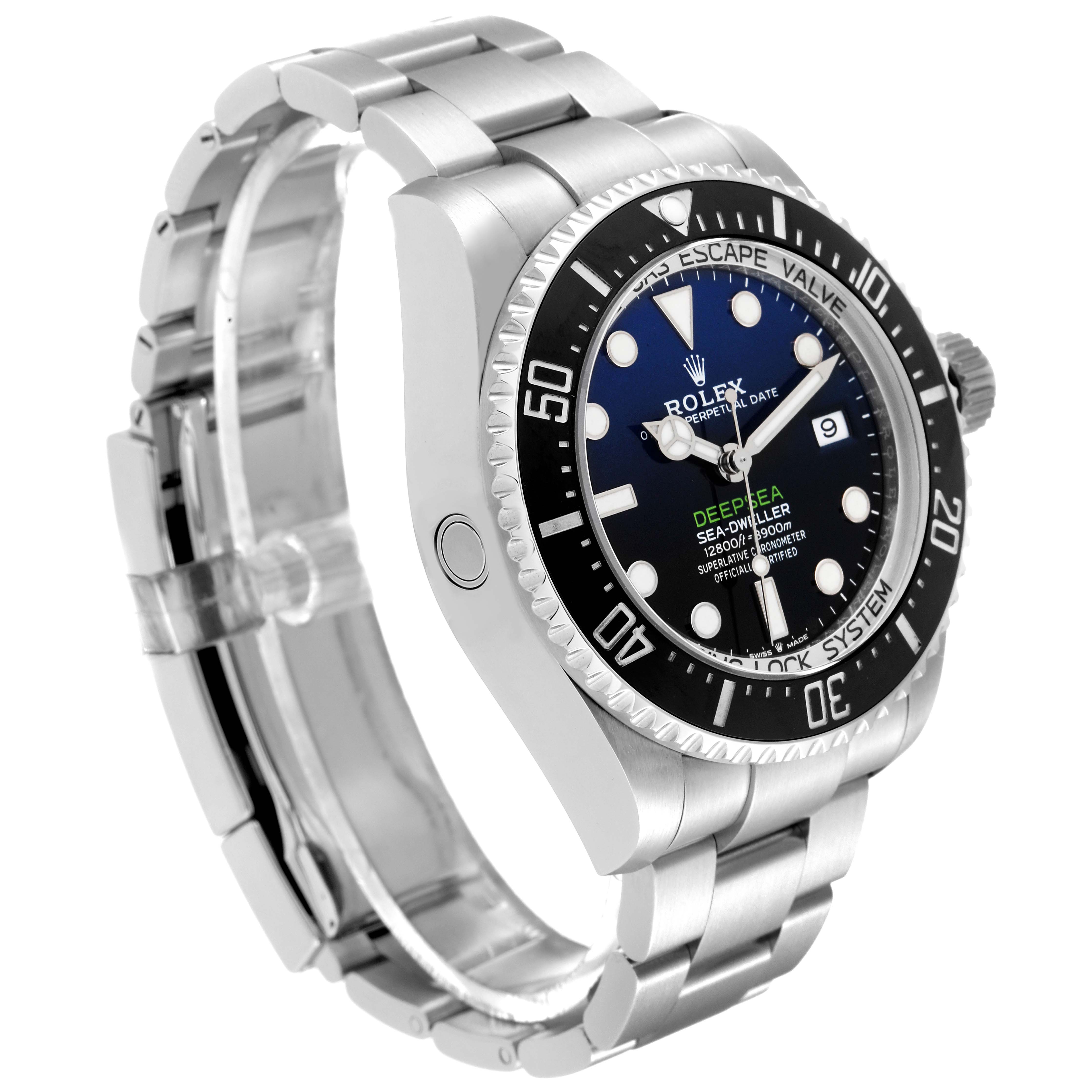 The image displays a side-angle view of the Rolex Sea-Dweller 136660 Men's Stainless Steel Blue Dial 136660 Men's Stainless Steel Blue Dial watch, highlighting the bezel, dial, and metal bracelet.