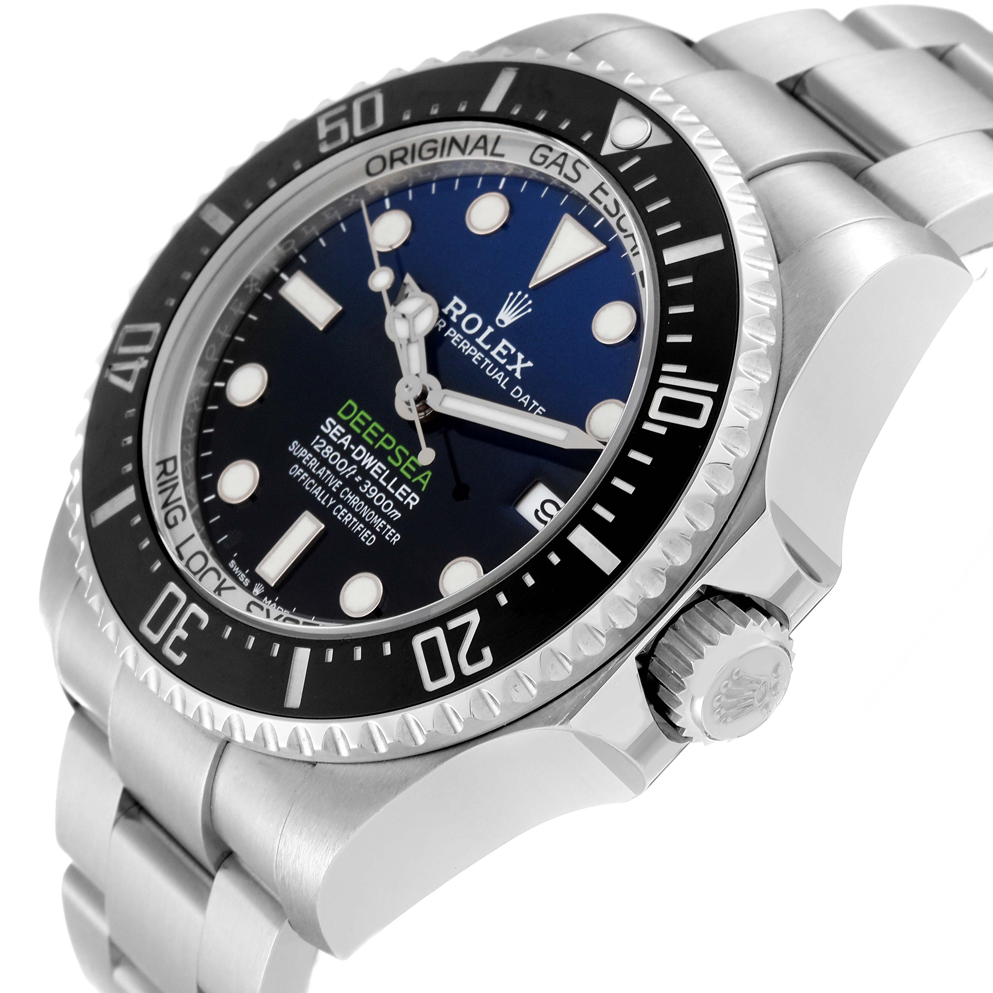This image shows a side-angle view of the face, bezel, crown, and bracelet of the Rolex Sea-Dweller 136660 Men's Stainless Steel Blue Dial 136660 Men's Stainless Steel Blue Dial watch.