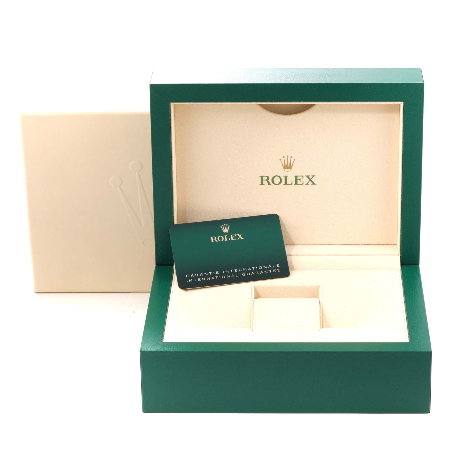This image shows an open Rolex Sea-Dweller 136660 Men's Stainless Steel Blue Dial 136660 Men's Stainless Steel Blue Dial watch box, including an international guarantee card.