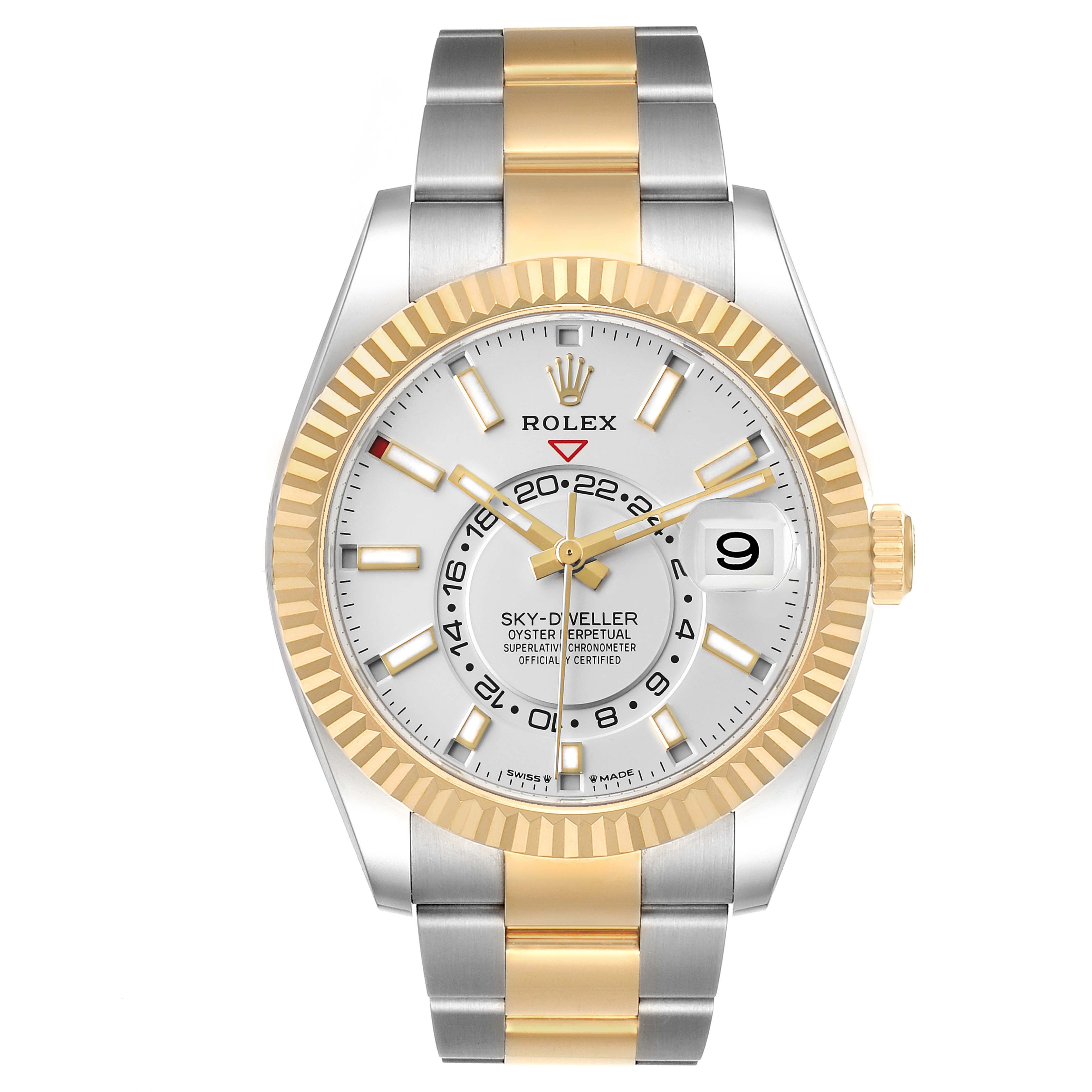The Rolex Sky-Dweller 336933 Men's Steel and Gold (two tone) Silver Dial watch is shown from a front angle, detailing the bezel, dial, hands, date window, and bracelet.