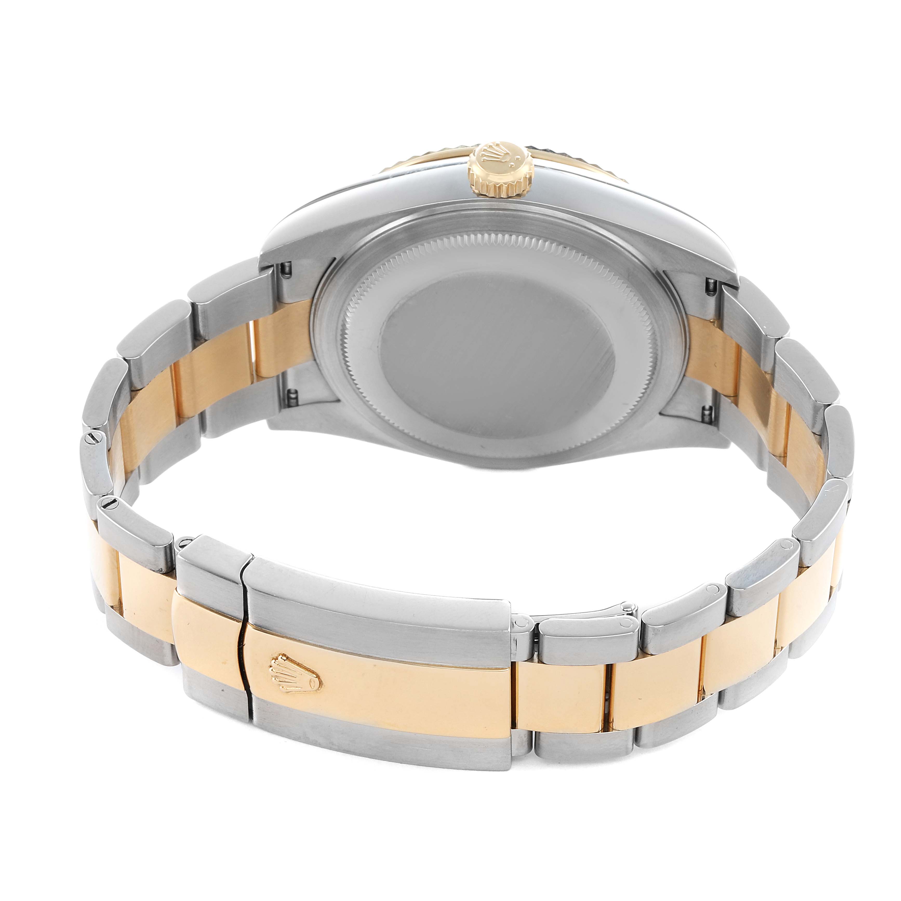 The image shows the back of a Rolex Sky-Dweller 336933 Men's Steel and Gold (two tone) Silver Dial watch, focusing on the case back, crown, and two-tone bracelet.