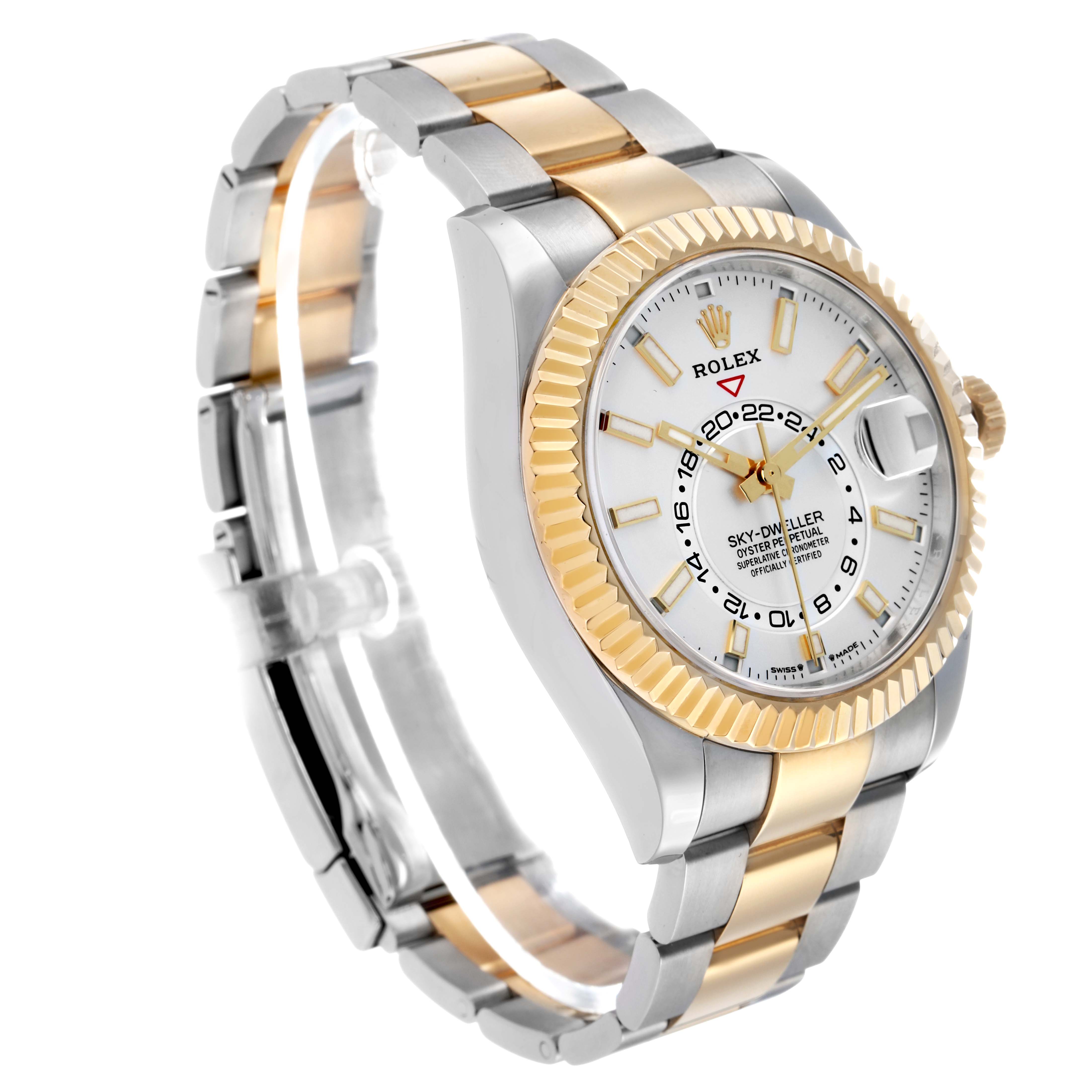 The Rolex Sky-Dweller 336933 Men's Steel and Gold (two tone) Silver Dial watch is shown at an angled side view, displaying the bezel, dial, and two-tone bracelet.