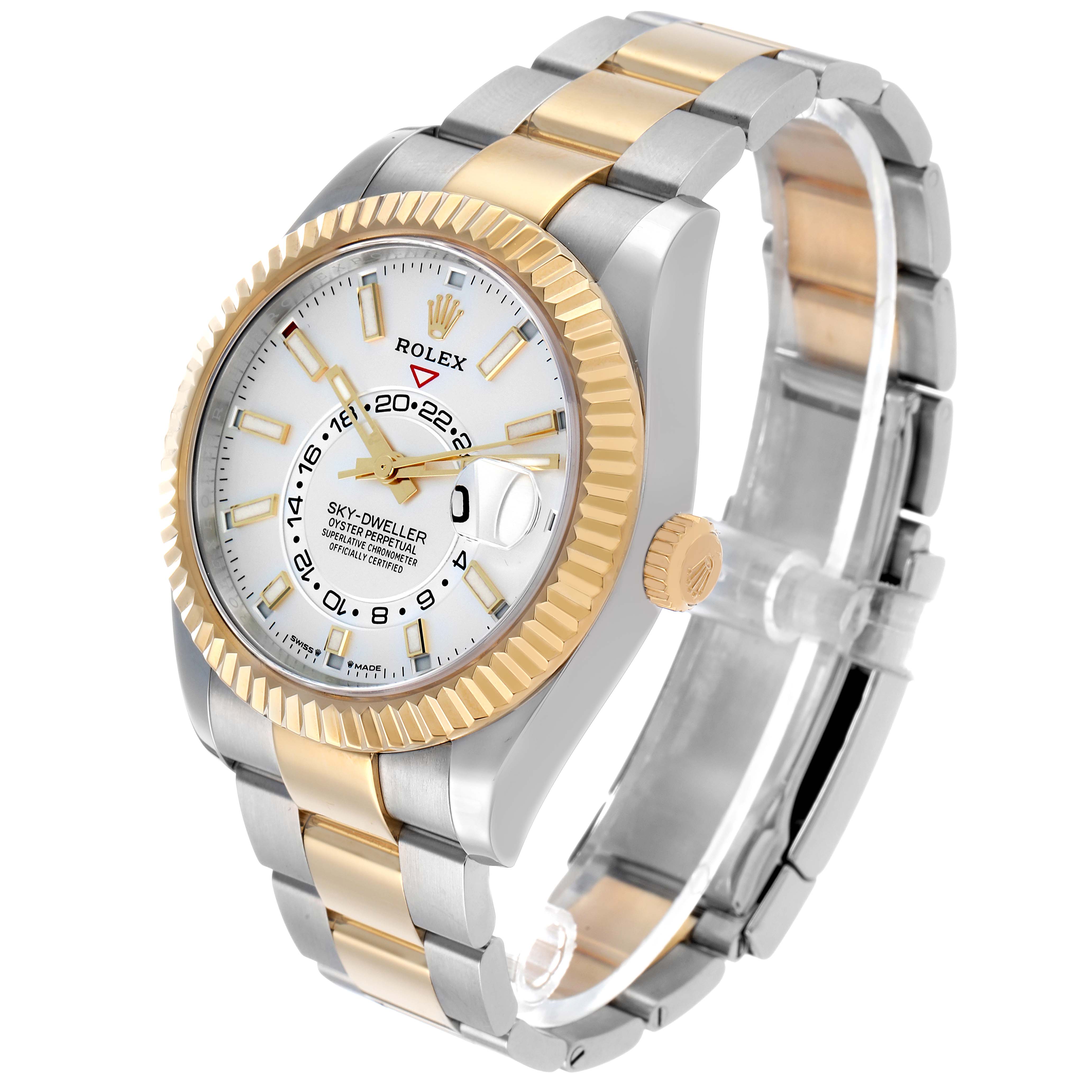 The Rolex Sky-Dweller 336933 Men's Steel and Gold (two tone) Silver Dial watch is displayed at an oblique angle, showing the face, bezel, bracelet, case, and crown.