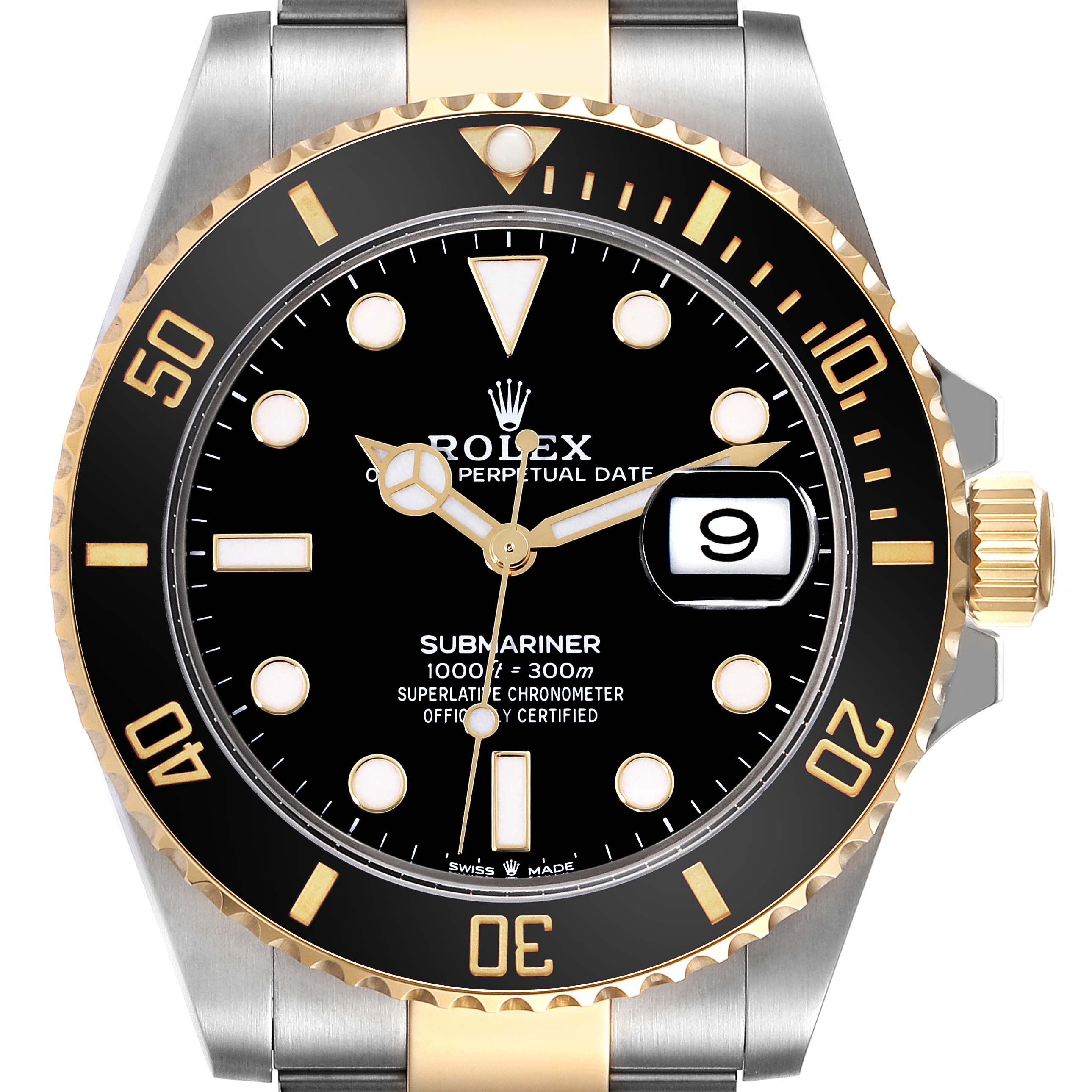 This image shows a front view of the Rolex Submariner 126613 Men's Steel and Gold (two tone) Black Dial 126613 Men's Steel and Gold (two tone) Black Dial watch, focusing on the dial, bezel, and part of the strap.