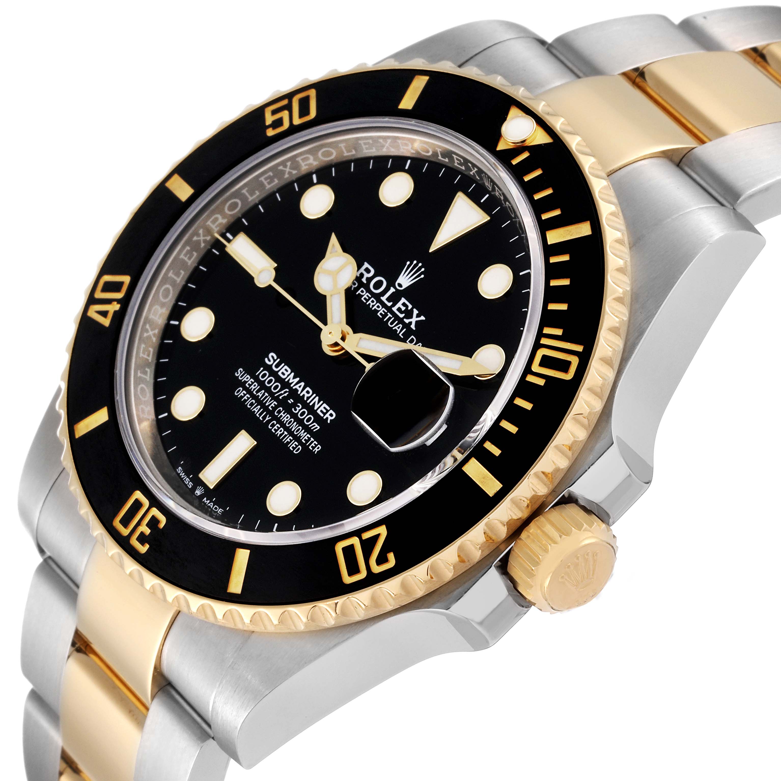 The Rolex Submariner 126613 Men's Steel and Gold (two tone) Black Dial 126613 Men's Steel and Gold (two tone) Black Dial watch is shown from a three-quarter angle, highlighting the bezel, dial, and bracelet.