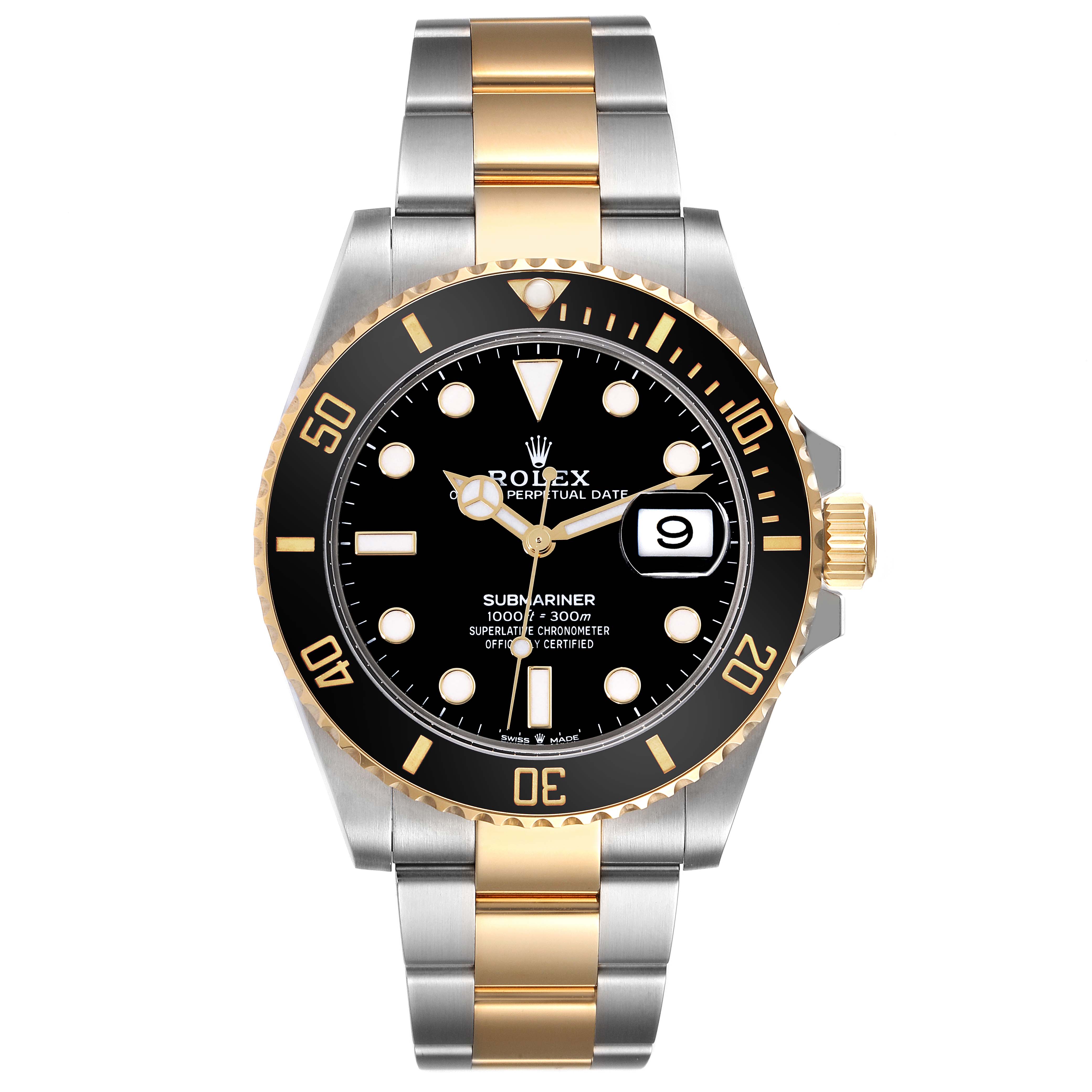 The Rolex Submariner 126613 Men's Steel and Gold (two tone) Black Dial 126613 Men's Steel and Gold (two tone) Black Dial is shown from the front, displaying the face, bezel, and two-tone bracelet.