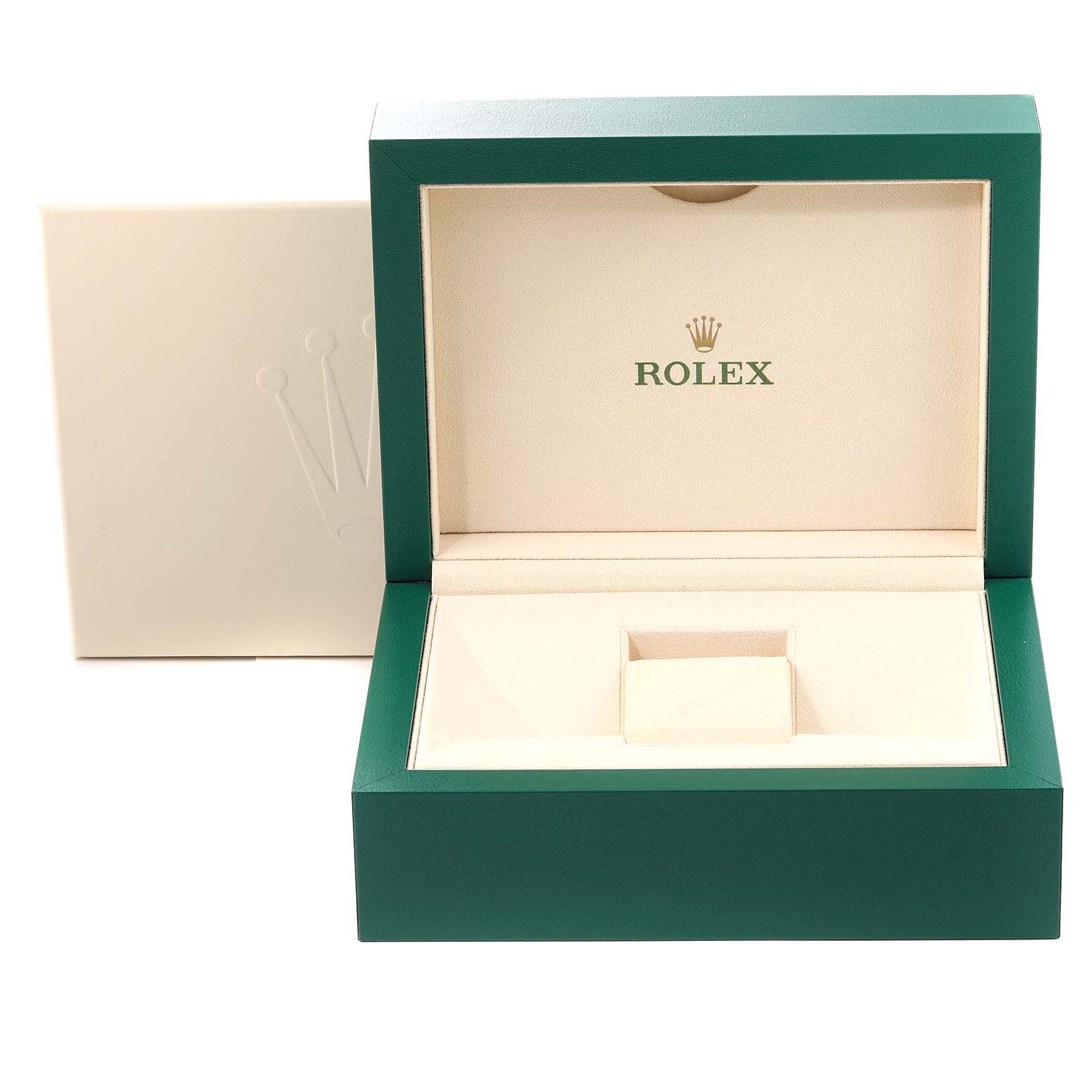 The image shows an open Rolex Submariner 126613 Men's Steel and Gold (two tone) Black Dial 126613 Men's Steel and Gold (two tone) Black Dial watch box with green and cream colors, displaying the Rolex logo inside.