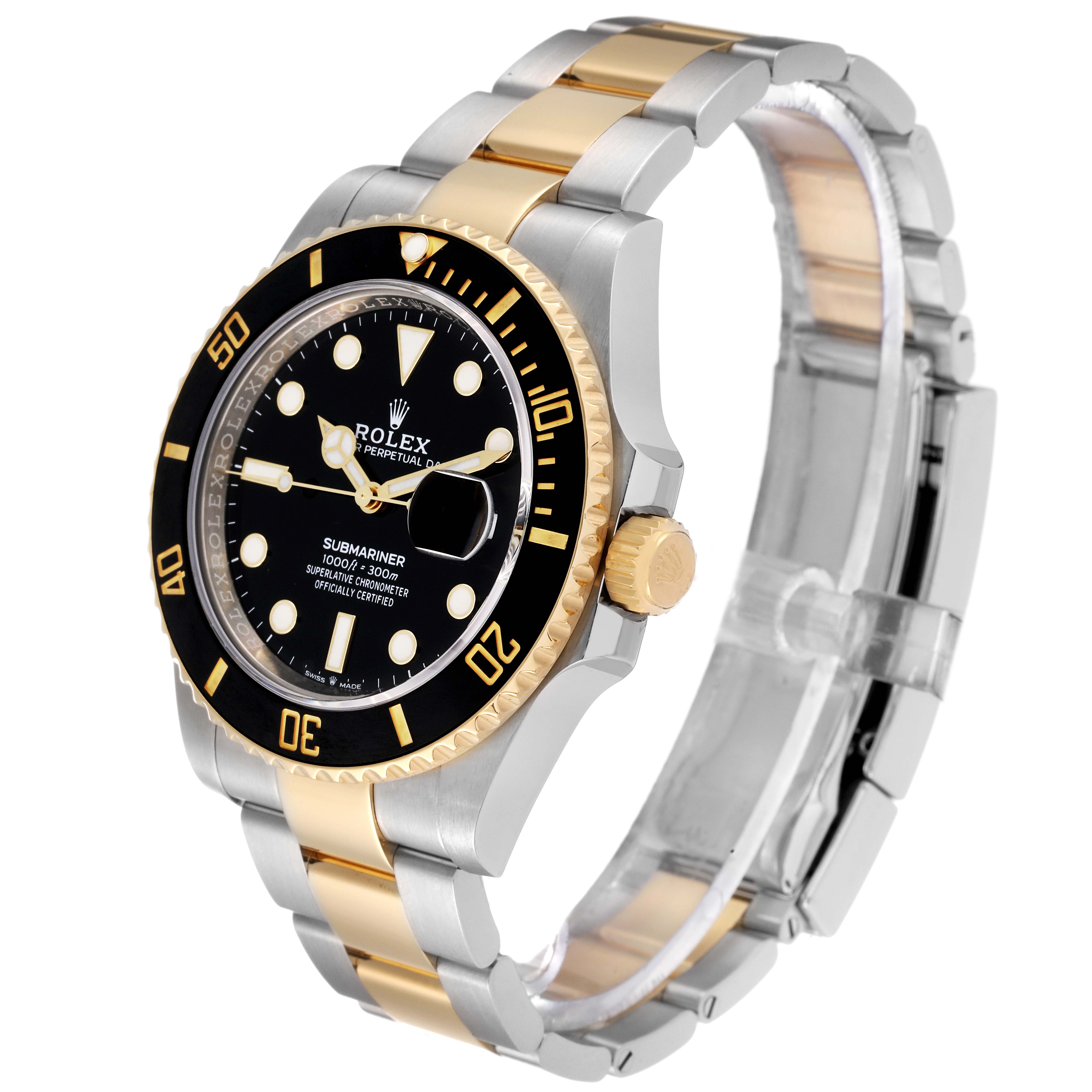 The Rolex Submariner 126613 Men's Steel and Gold (two tone) Black Dial 126613 Men's Steel and Gold (two tone) Black Dial watch is shown at a side angle, highlighting its black dial, bezel, gold crown, and two-tone stainless steel and gold bracelet.