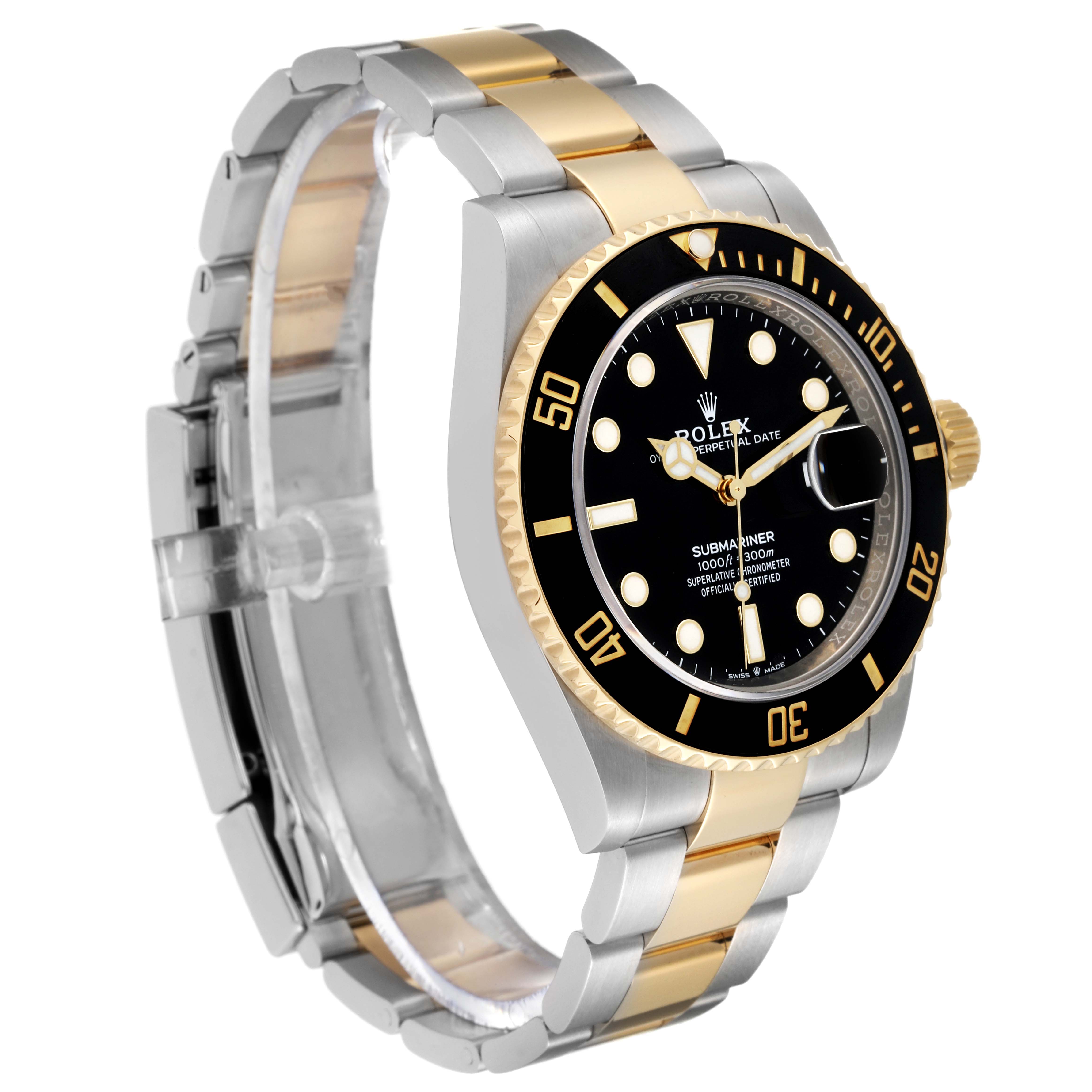 The image shows a Rolex Submariner 126613 Men's Steel and Gold (two tone) Black Dial 126613 Men's Steel and Gold (two tone) Black Dial watch at a three-quarter angle, highlighting its stainless steel and gold bracelet, bezel, and watch face.