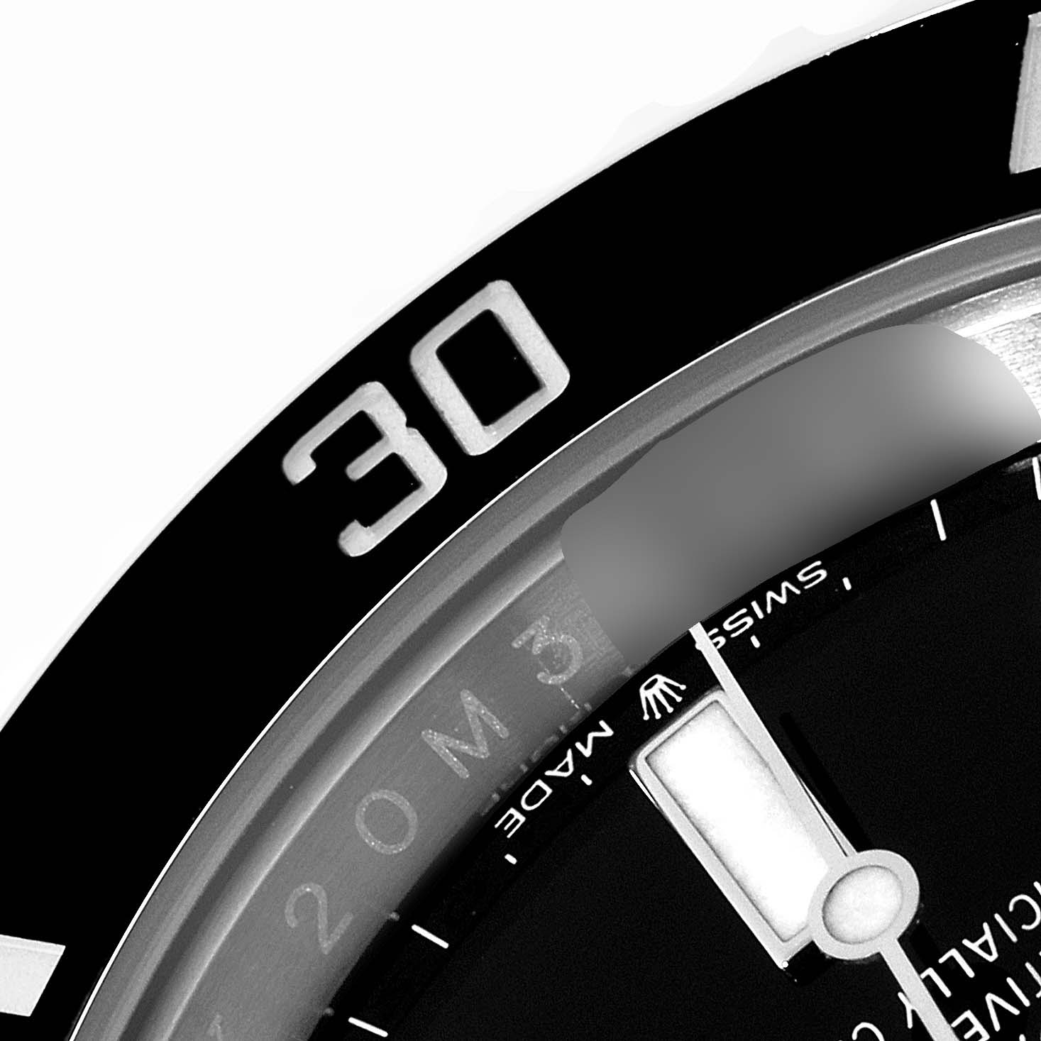 The image shows a close-up of the bezel and part of the dial of a Rolex Submariner 124060 Men
s Stainless Steel Black Dial 124060 Men
s Stainless Steel Black Dial watch, highlighting the 30-minute marker.