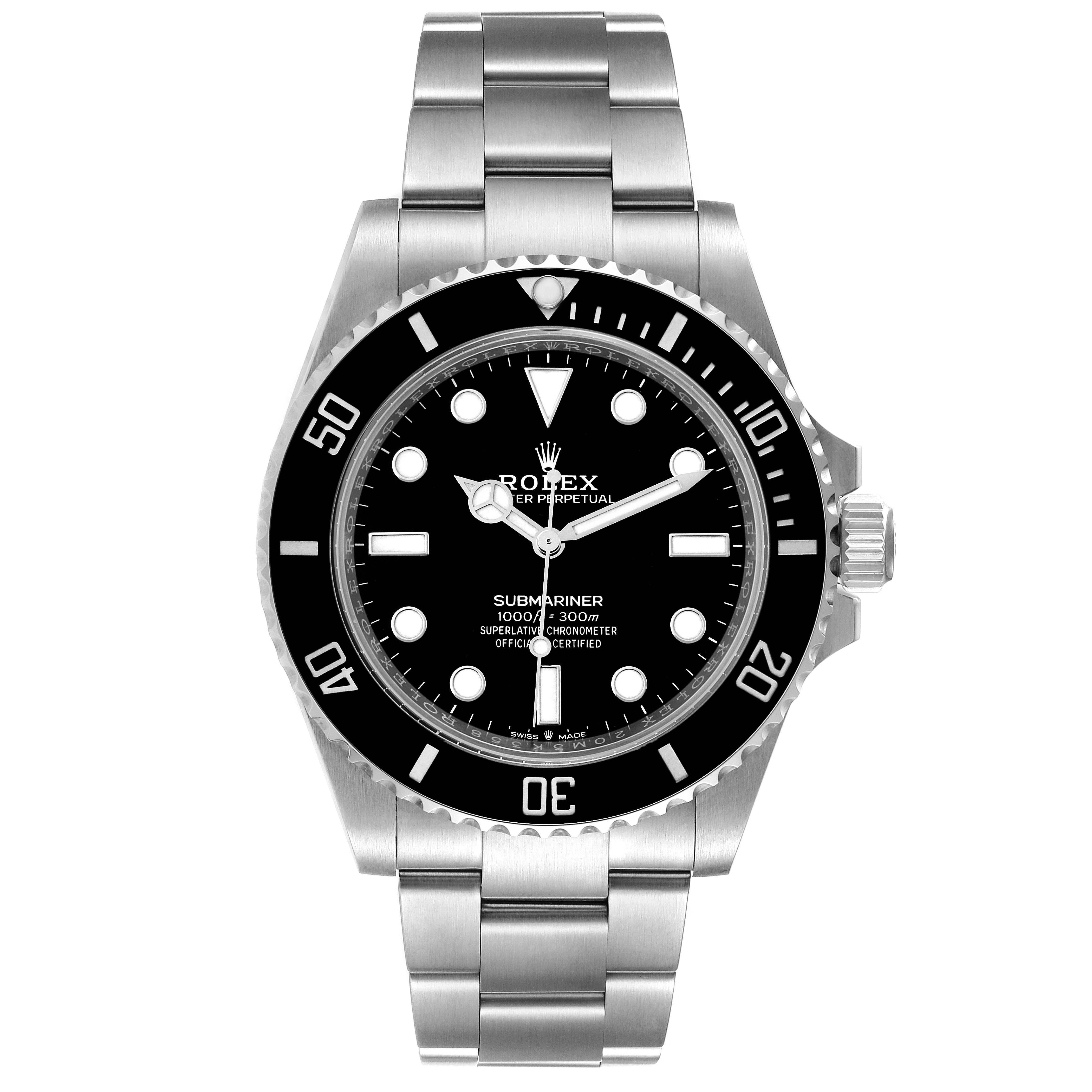The image shows a front view of a Rolex Submariner 124060 Men
s Stainless Steel Black Dial 124060 Men
s Stainless Steel Black Dial watch, displaying the dial, bezel, bracelet, and crown.