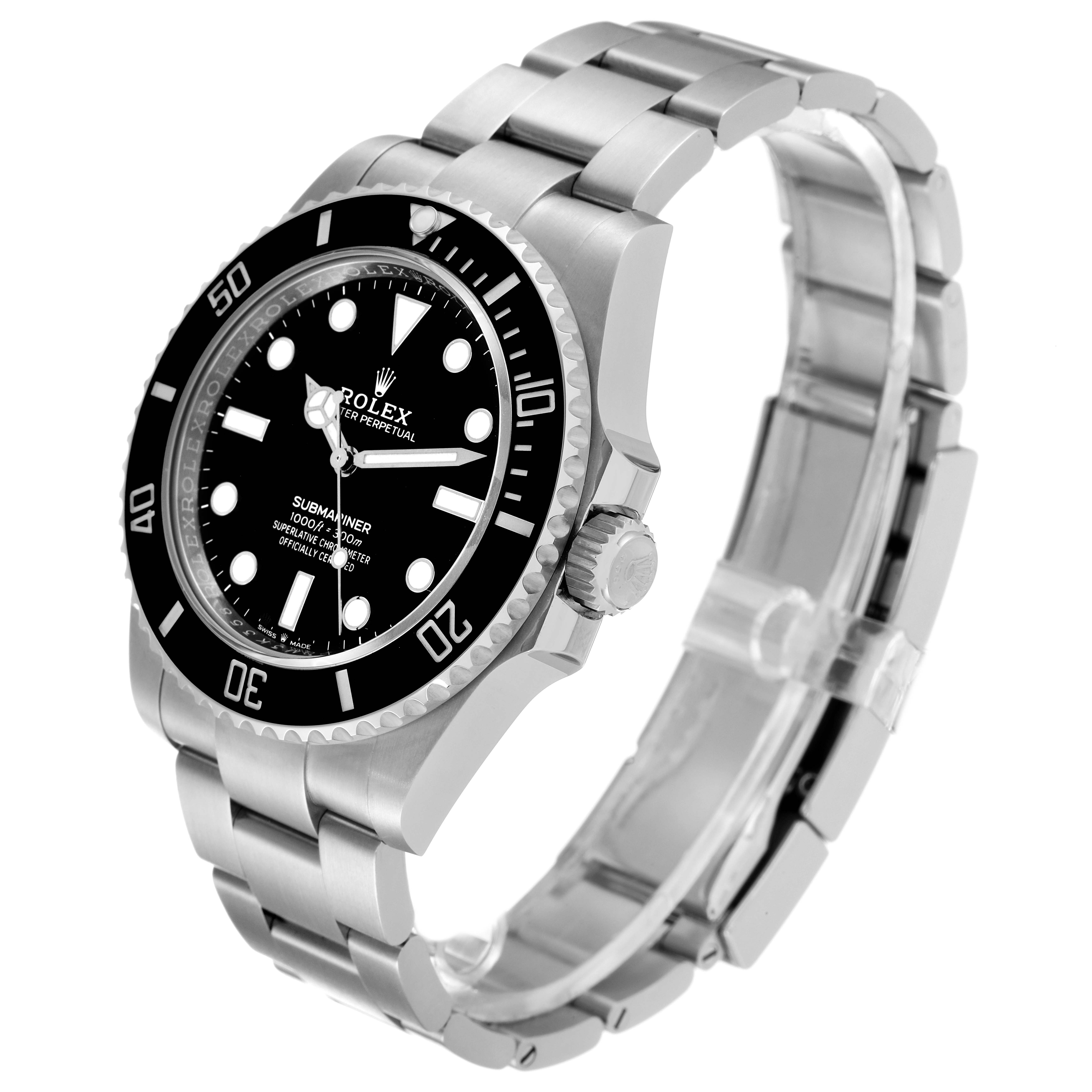 The angle shows the Rolex Submariner 124060 Men
s Stainless Steel Black Dial 124060 Men
s Stainless Steel Black Dial watch from a slightly tilted side view, highlighting the face, bezel, crown, and bracelet.