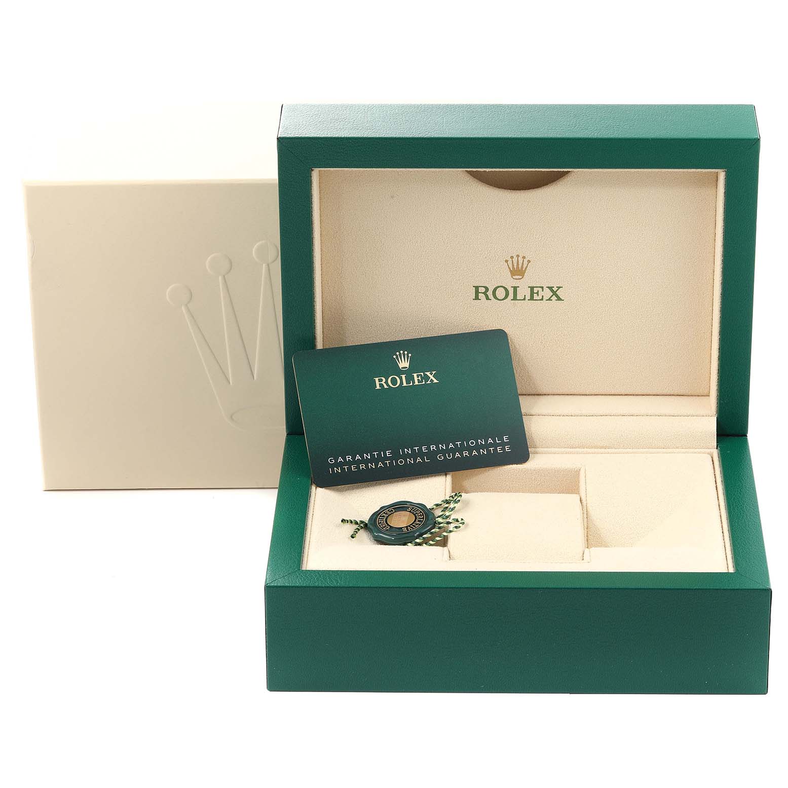 The image shows the open green Rolex Submariner 124060 Men
s Stainless Steel Black Dial 124060 Men
s Stainless Steel Black Dial watch box with its international guarantee card and tag inside.