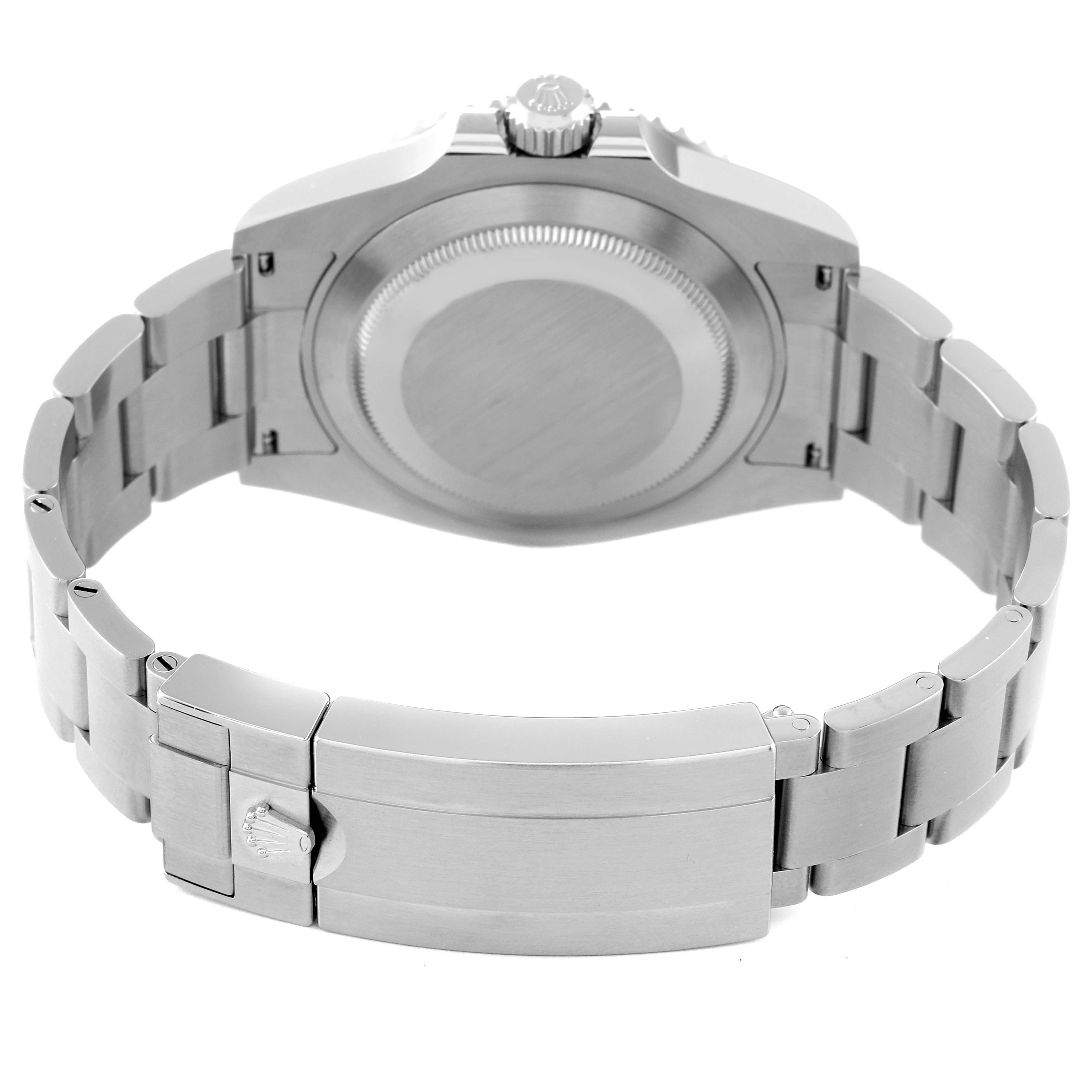 This image shows the back case and bracelet of a Rolex Submariner 124060 Men
s Stainless Steel Black Dial 124060 Men
s Stainless Steel Black Dial watch from a bottom-angle view.