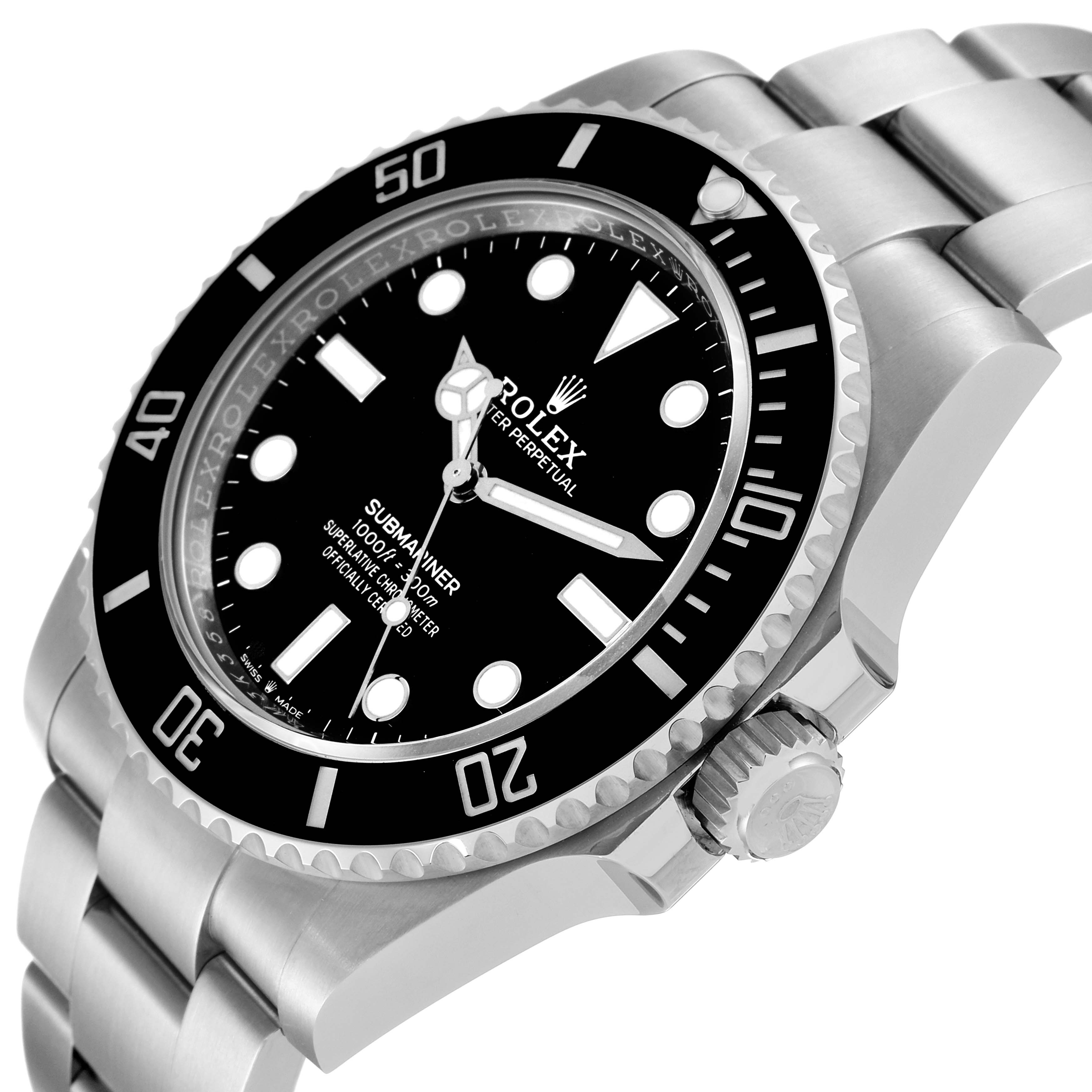 The image shows a Rolex Submariner 124060 Men
s Stainless Steel Black Dial 124060 Men
s Stainless Steel Black Dial watch angled to display the dial, bezel, crown, and part of the bracelet.