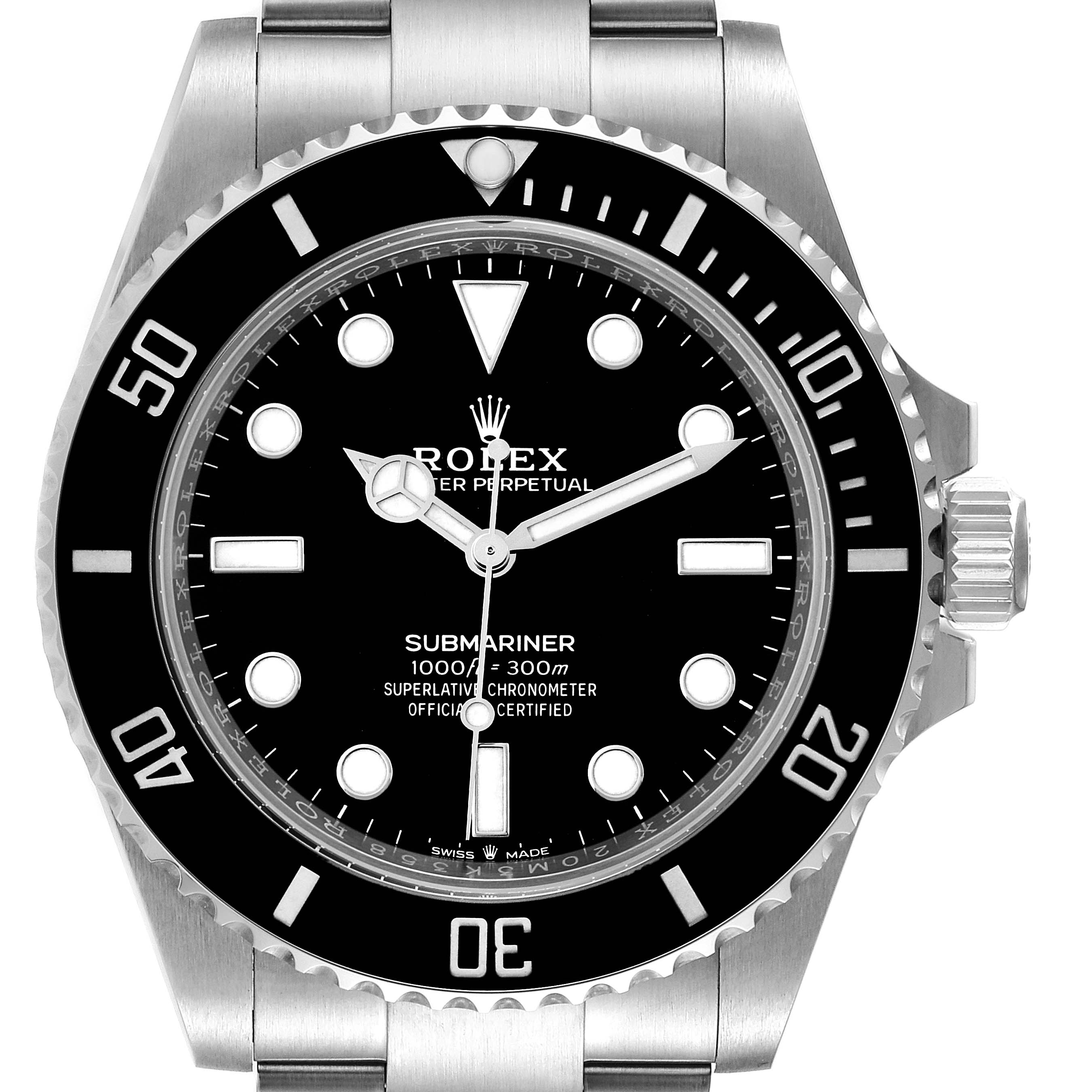 This image shows a front view of the Rolex Submariner 124060 Men
s Stainless Steel Black Dial 124060 Men
s Stainless Steel Black Dial watch, featuring the dial, bezel, and part of the stainless steel bracelet.
