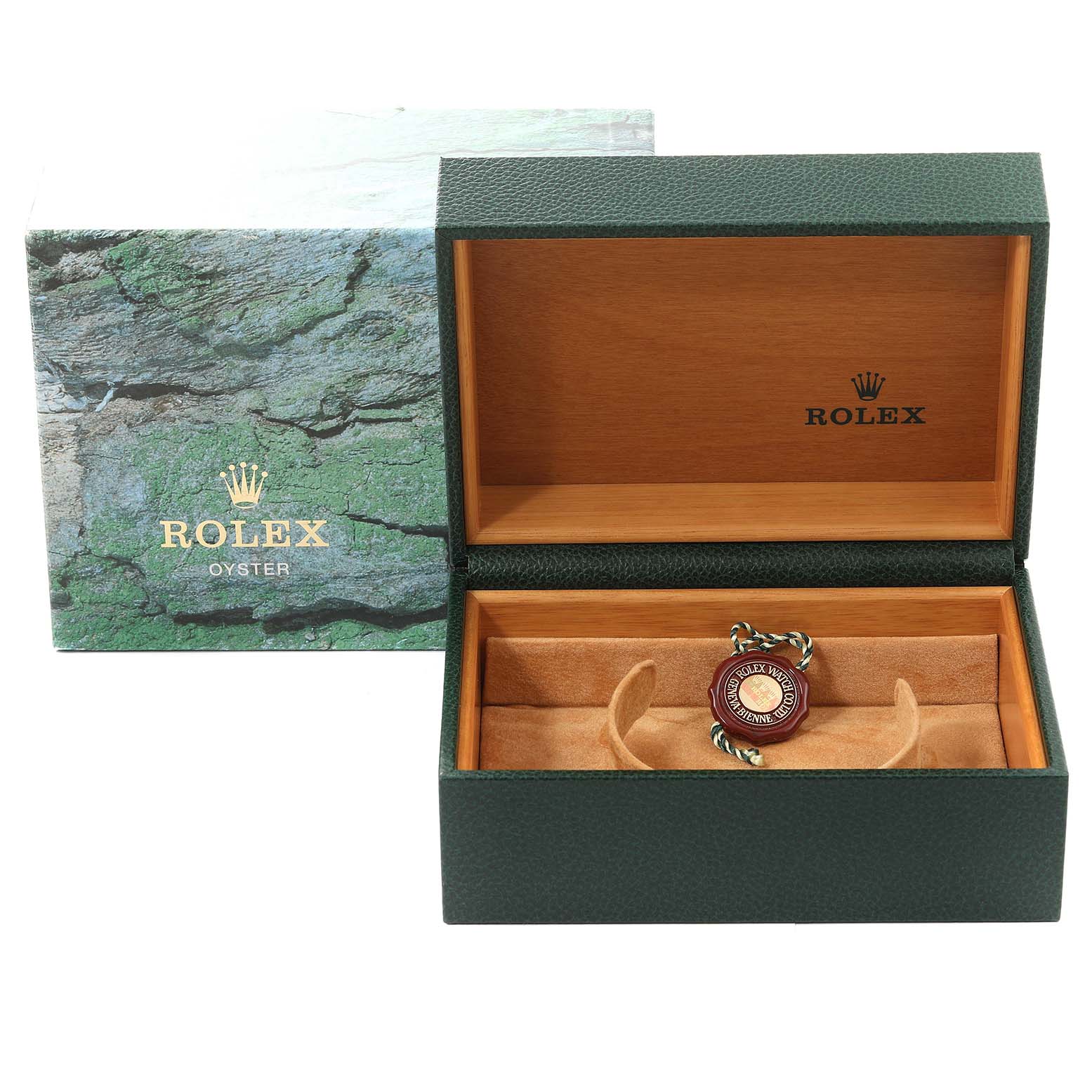 The image shows the packaging of a Rolex Submariner 16613 Men's Steel and Gold (two tone) Black Dial 16613 Men's Steel and Gold (two tone) Black Dial, including an open green box with a certification seal inside.