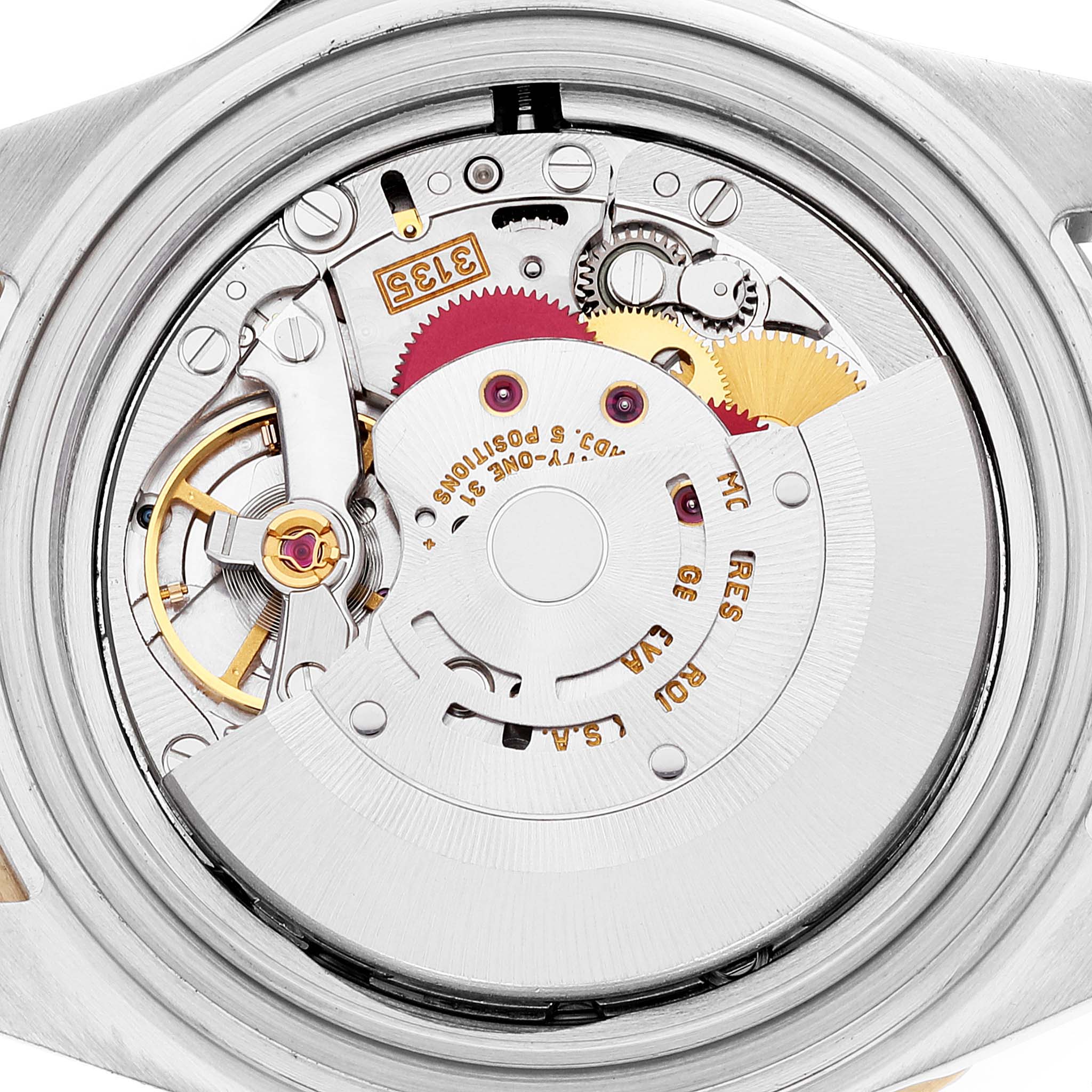 The image shows the inner mechanical movement of a Rolex Submariner 16613 Men's Steel and Gold (two tone) Black Dial 16613 Men's Steel and Gold (two tone) Black Dial watch viewed from the back.