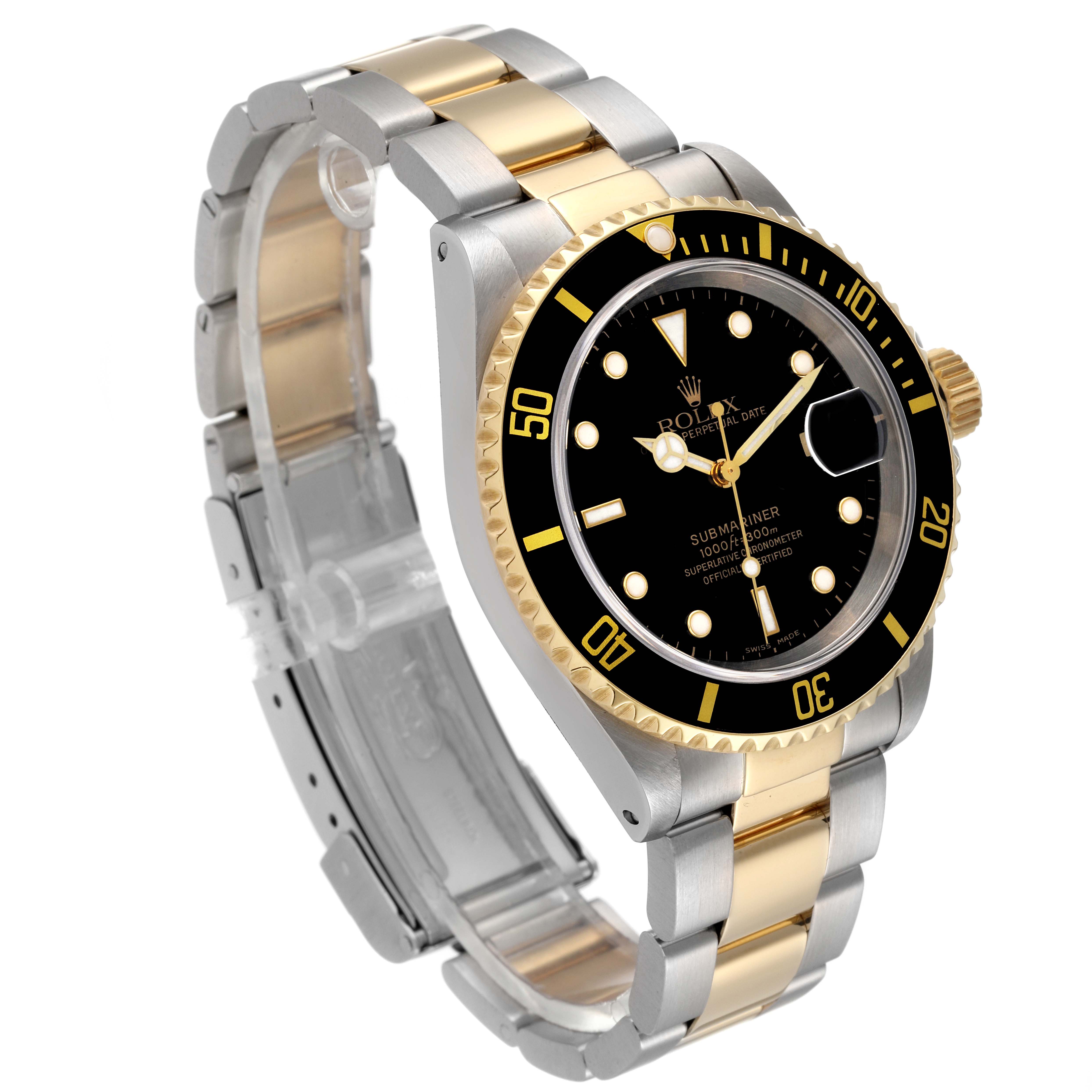 The Rolex Submariner 16613 Men's Steel and Gold (two tone) Black Dial 16613 Men's Steel and Gold (two tone) Black Dial watch is shown at an angle displaying its face, bezel, crown, and the stainless steel and gold bracelet.