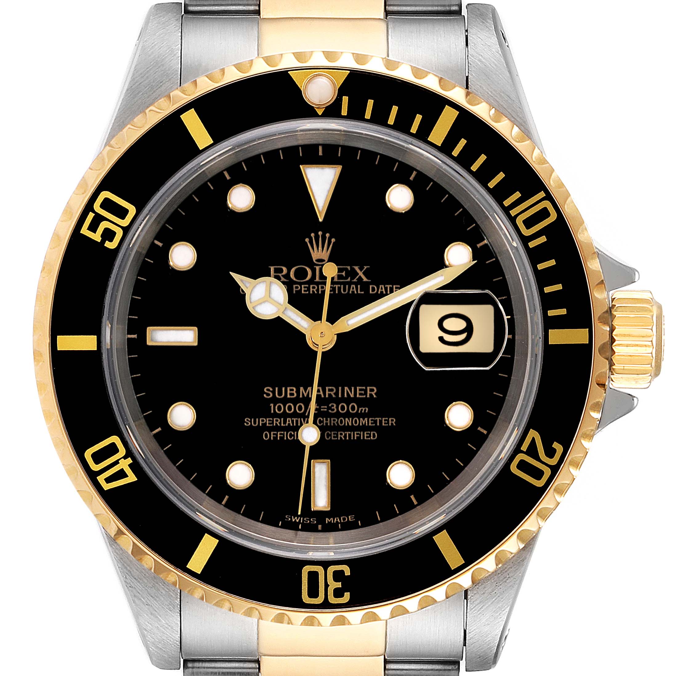 This is a front view of a Rolex Submariner 16613 Men's Steel and Gold (two tone) Black Dial 16613 Men's Steel and Gold (two tone) Black Dial watch, showcasing the dial, bezel, and bracelet.