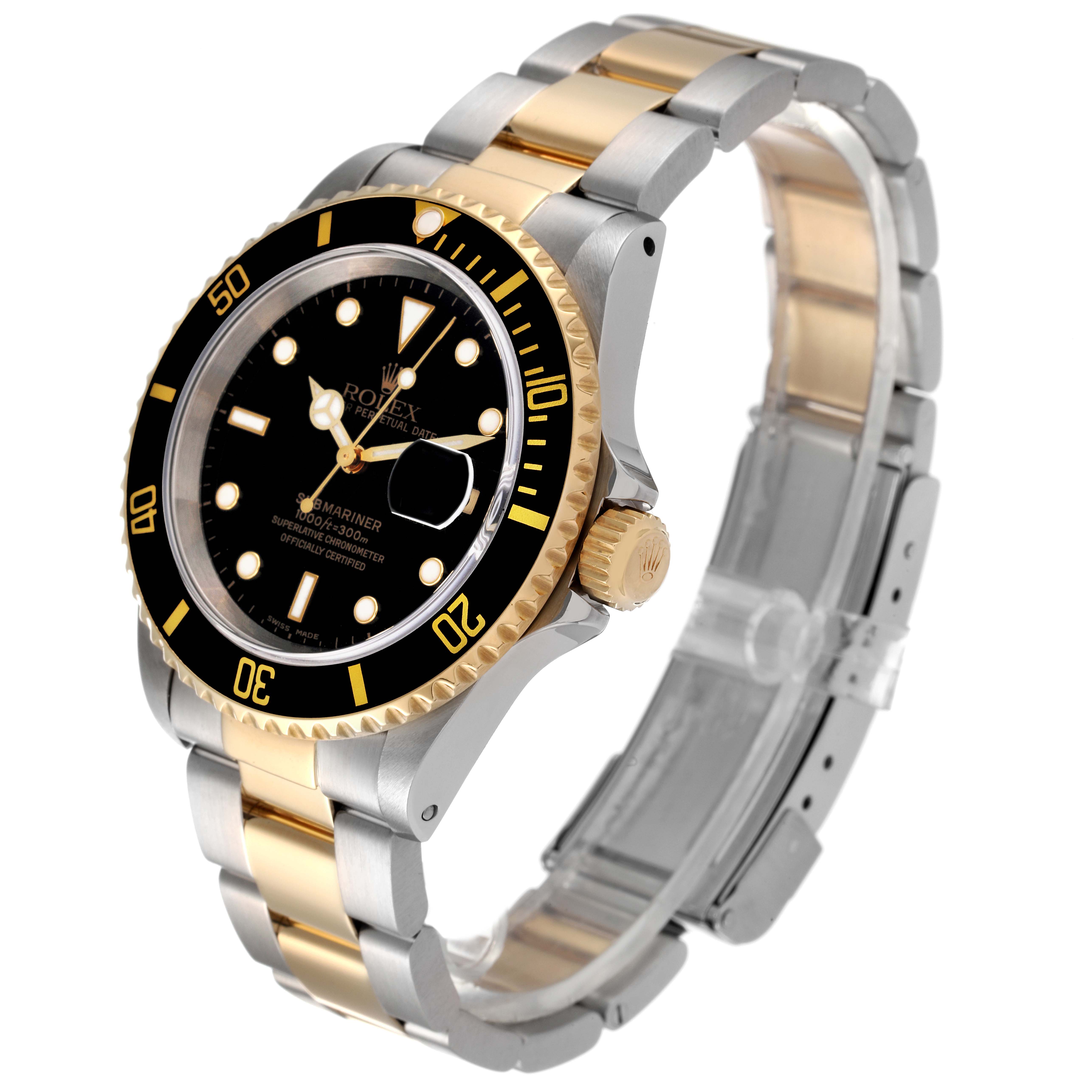 The Rolex Submariner 16613 Men's Steel and Gold (two tone) Black Dial 16613 Men's Steel and Gold (two tone) Black Dial model watch is shown at an angled side view, displaying its two-tone bracelet, bezel, and crown.