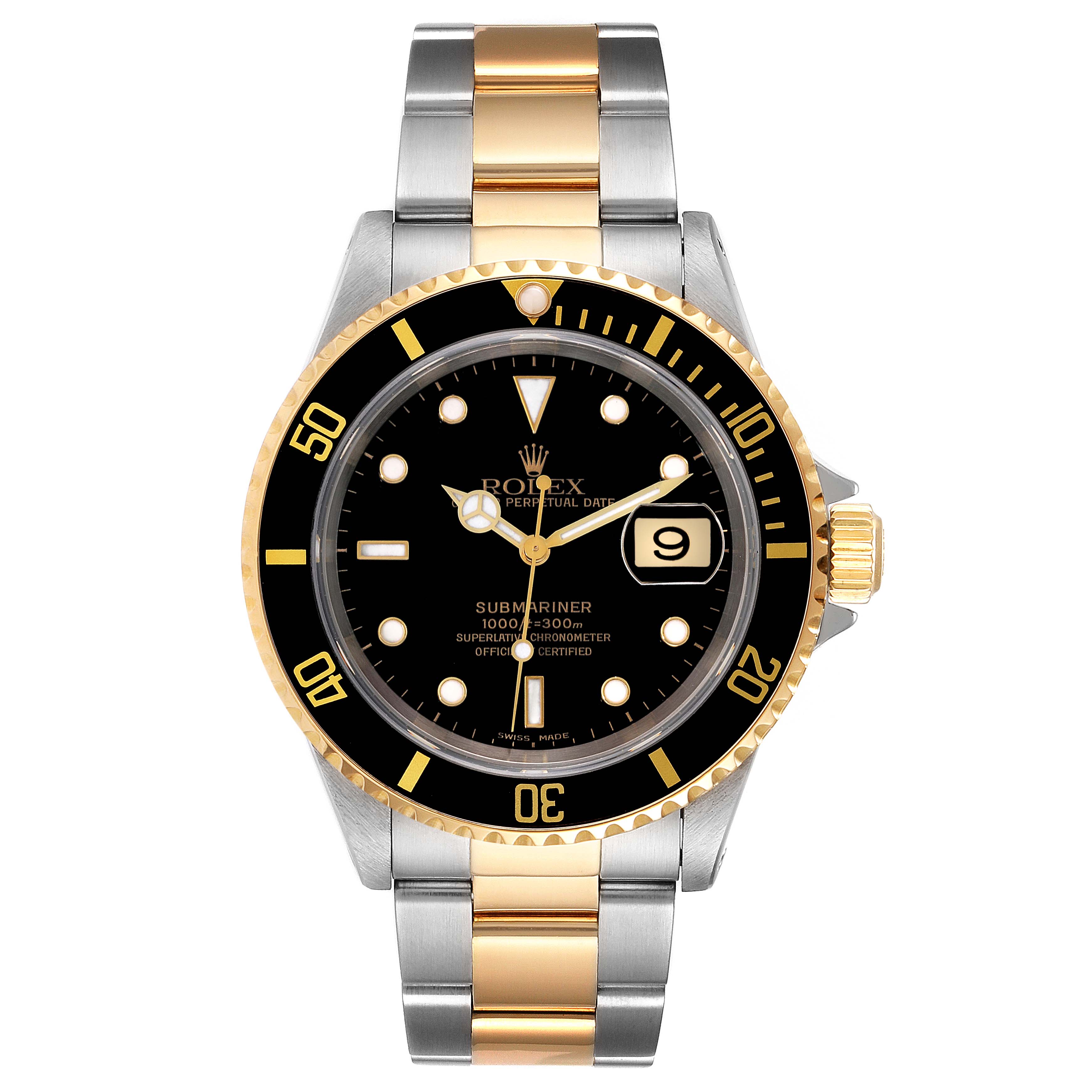 This image shows a frontal view of a Rolex Submariner 16613 Men's Steel and Gold (two tone) Black Dial 16613 Men's Steel and Gold (two tone) Black Dial watch, highlighting the bezel, dial, and two-tone bracelet.