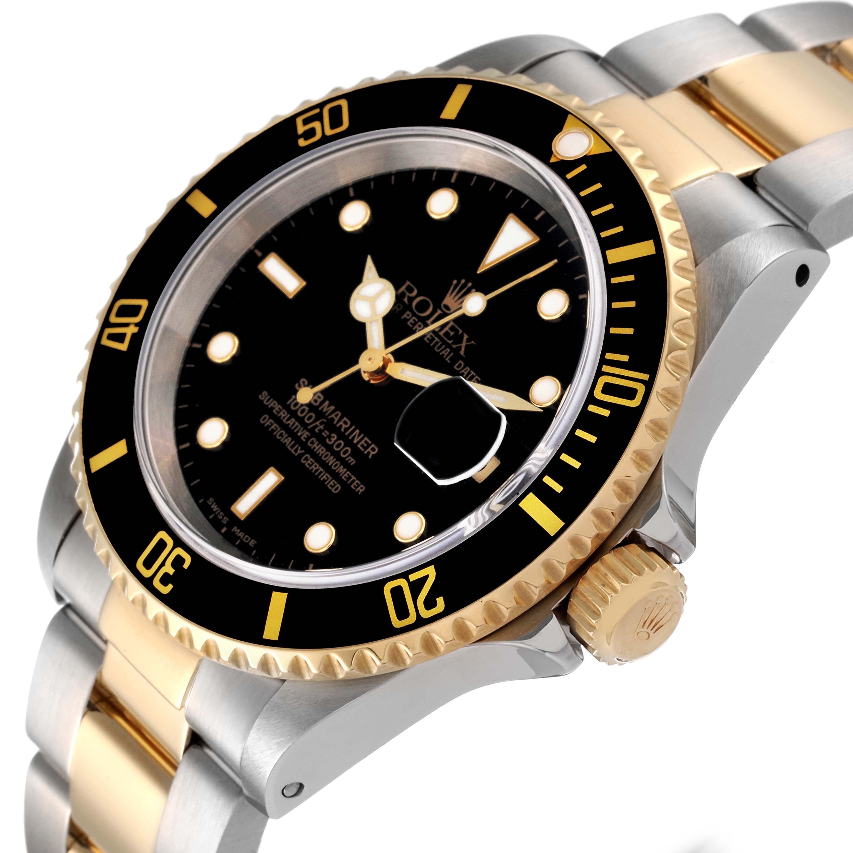 This image shows a side and front angle view of the Rolex Submariner 16613 Men's Steel and Gold (two tone) Black Dial 16613 Men's Steel and Gold (two tone) Black Dial watch, highlighting its bezel, crown, and bracelet.
